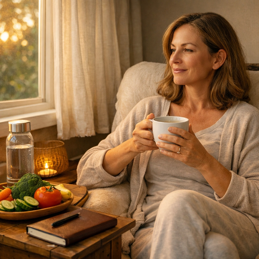 Woman managing perimenopause symptoms through self-care and stress reduction at home