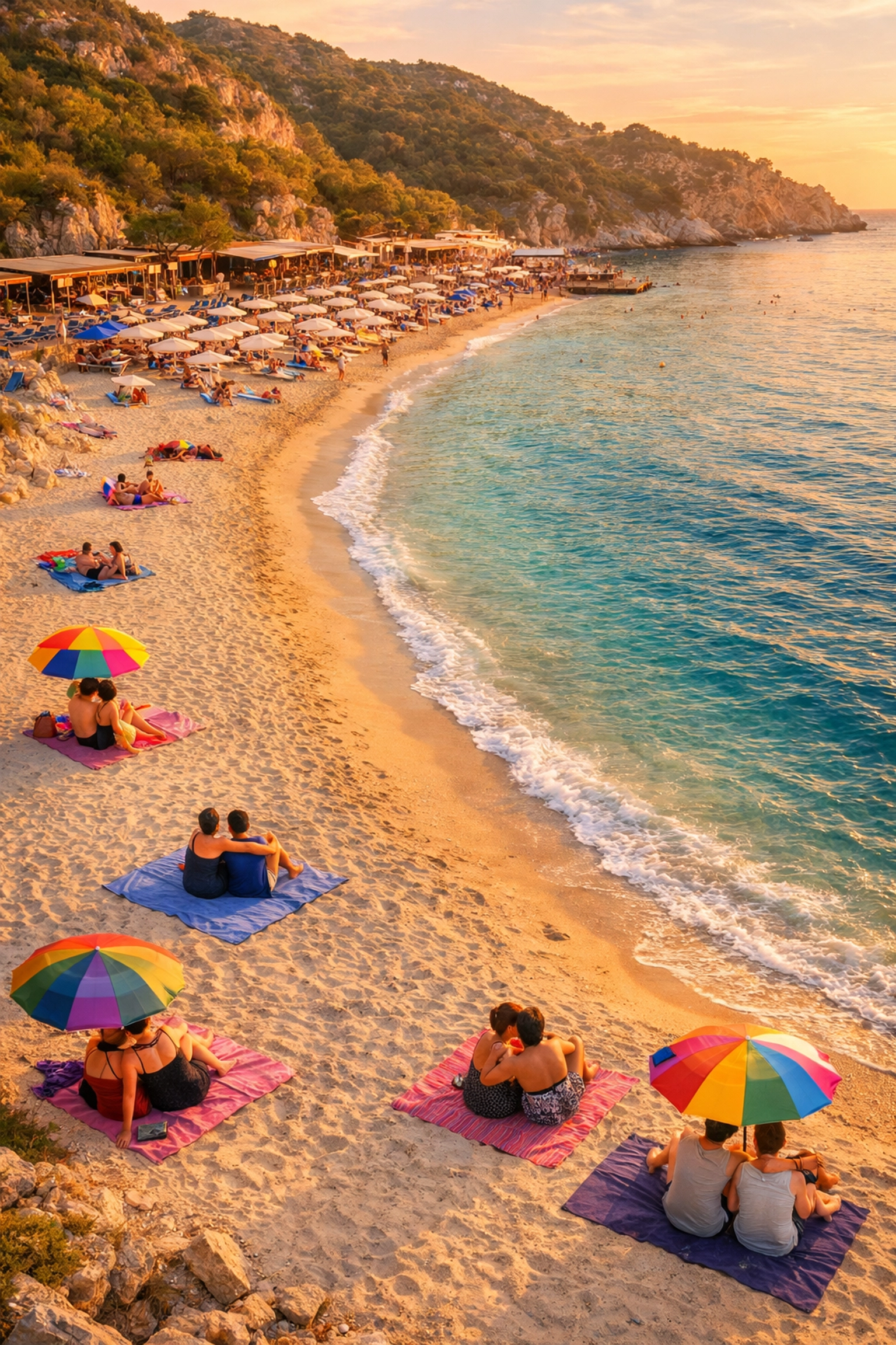 Aerial view of Platja d'en Bossa showing quiet clothing-optional zones away from Ibiza beach clubs