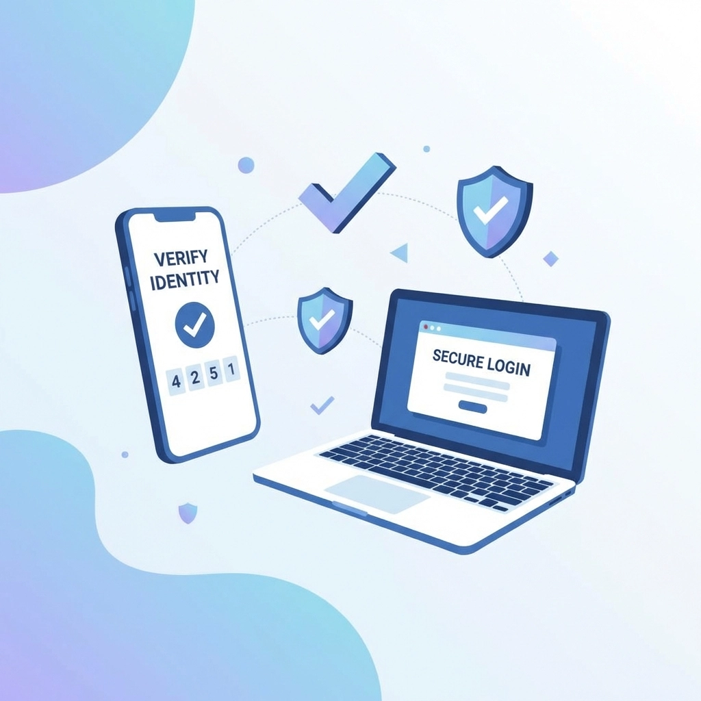 Modern illustration of a laptop and smartphone with verification icons, symbolizing multi-factor authentication for website security