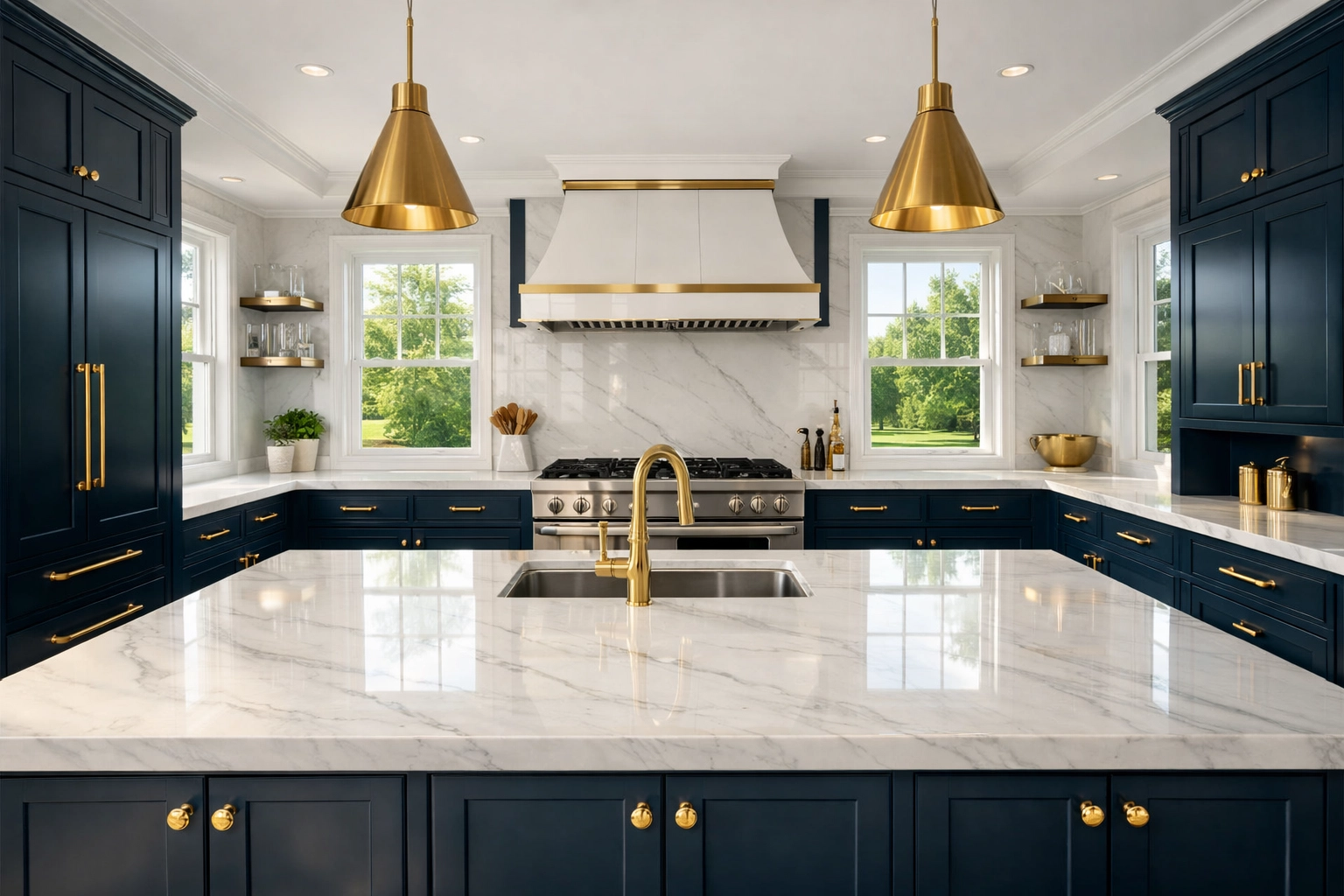 Spotless luxury kitchen with marble countertops, showcasing efficient residential cleaning Massachusetts in Dover.