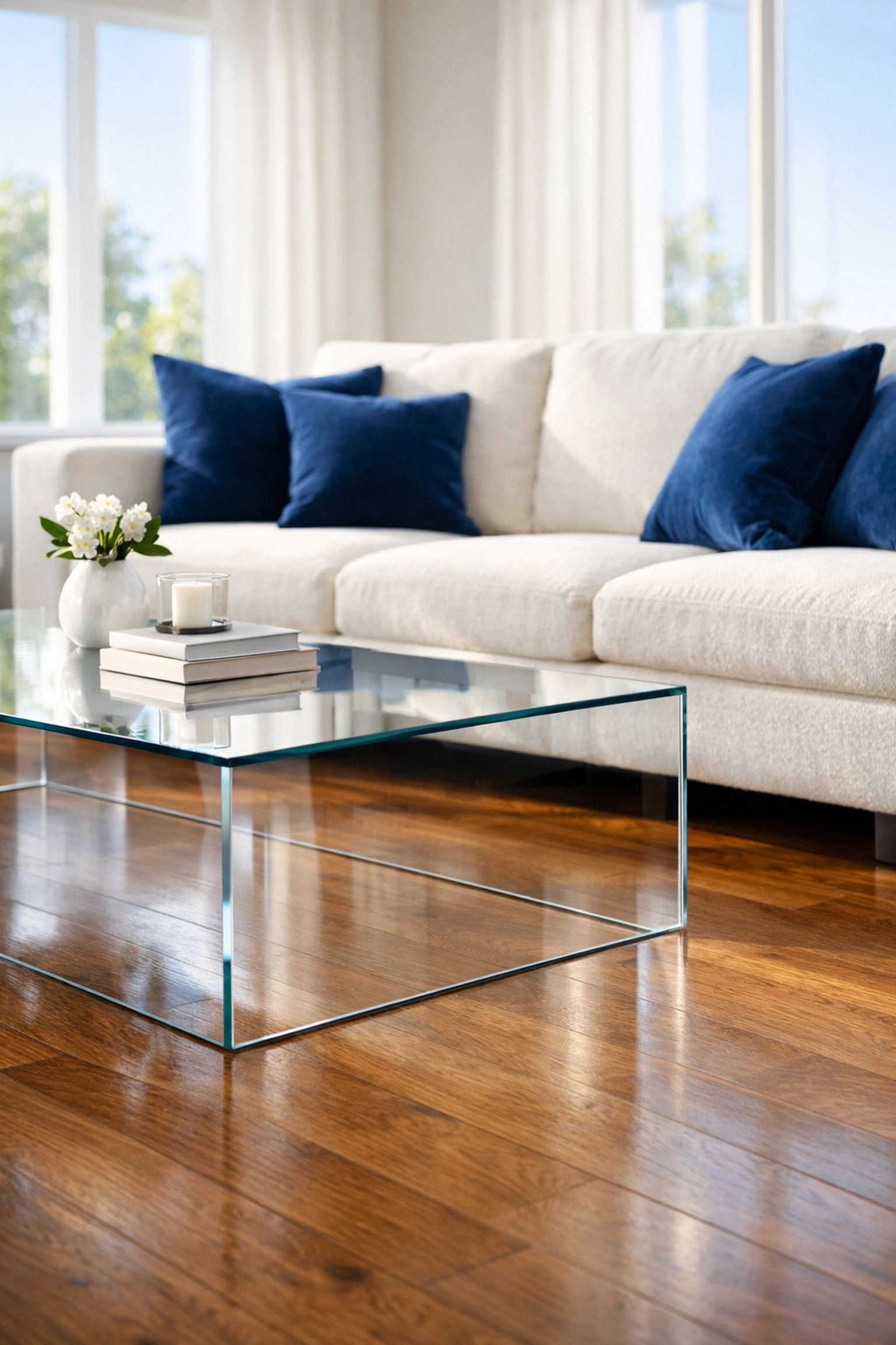 A perfectly clean living room with vacuumed hardwood floors and streak-free glass coffee table.