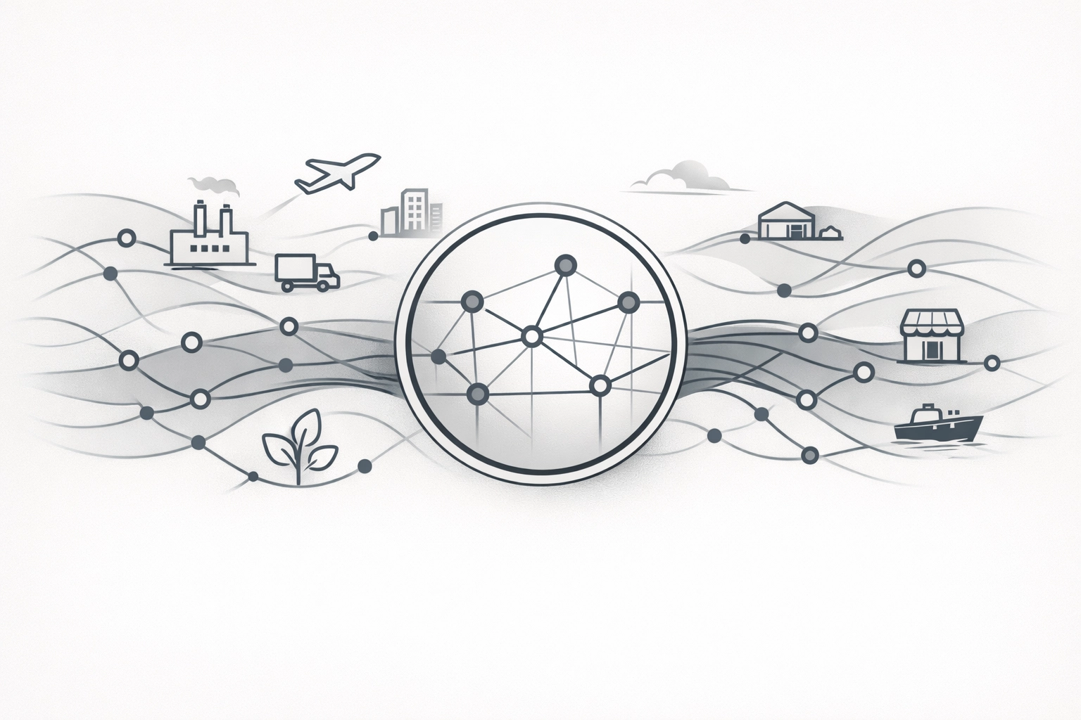 Minimalist nodes representing Scope 3 data and greenhouse gas inventories for science-based net zero reporting.