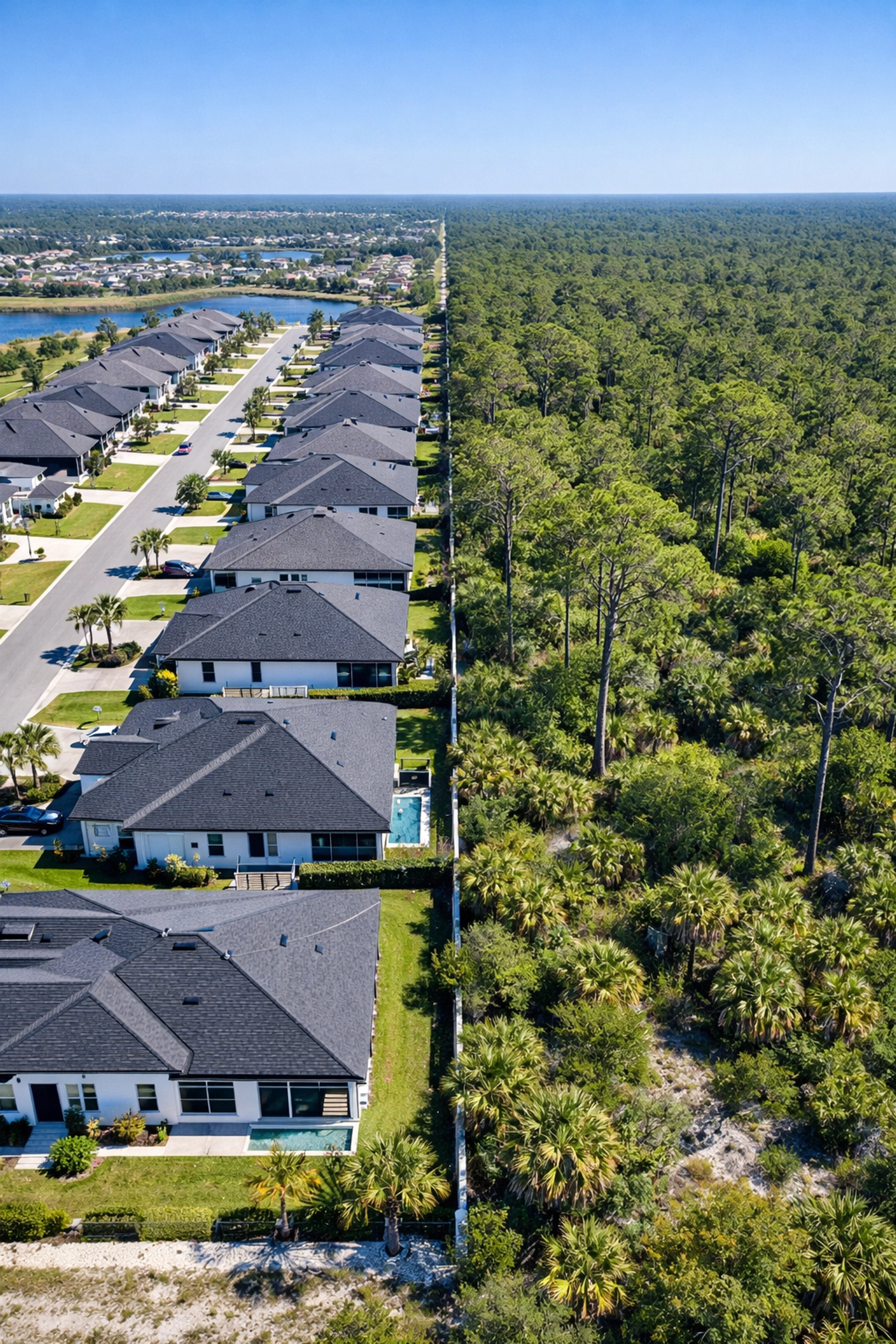 Aerial view of a new residential development bordering natural scrubland in Charlotte County, Florida.