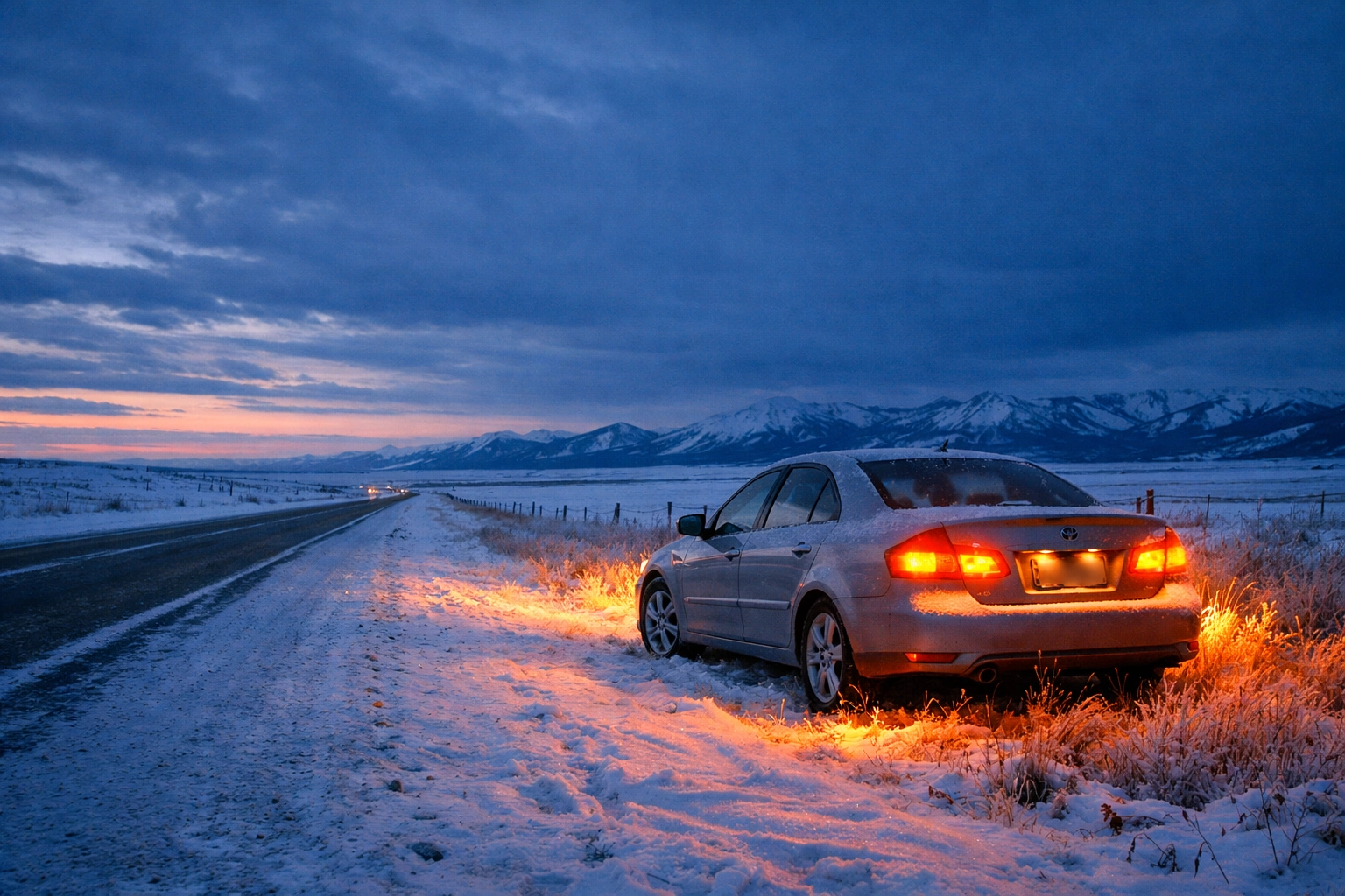 A car stranded on a snowy Montana highway after a mechanical suspension failure.