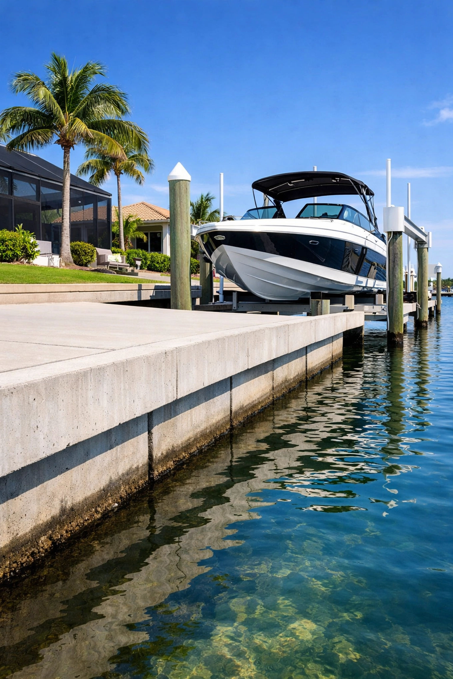 Modern concrete seawall and boat lift at a luxury SWFL waterfront home in Cape Coral.