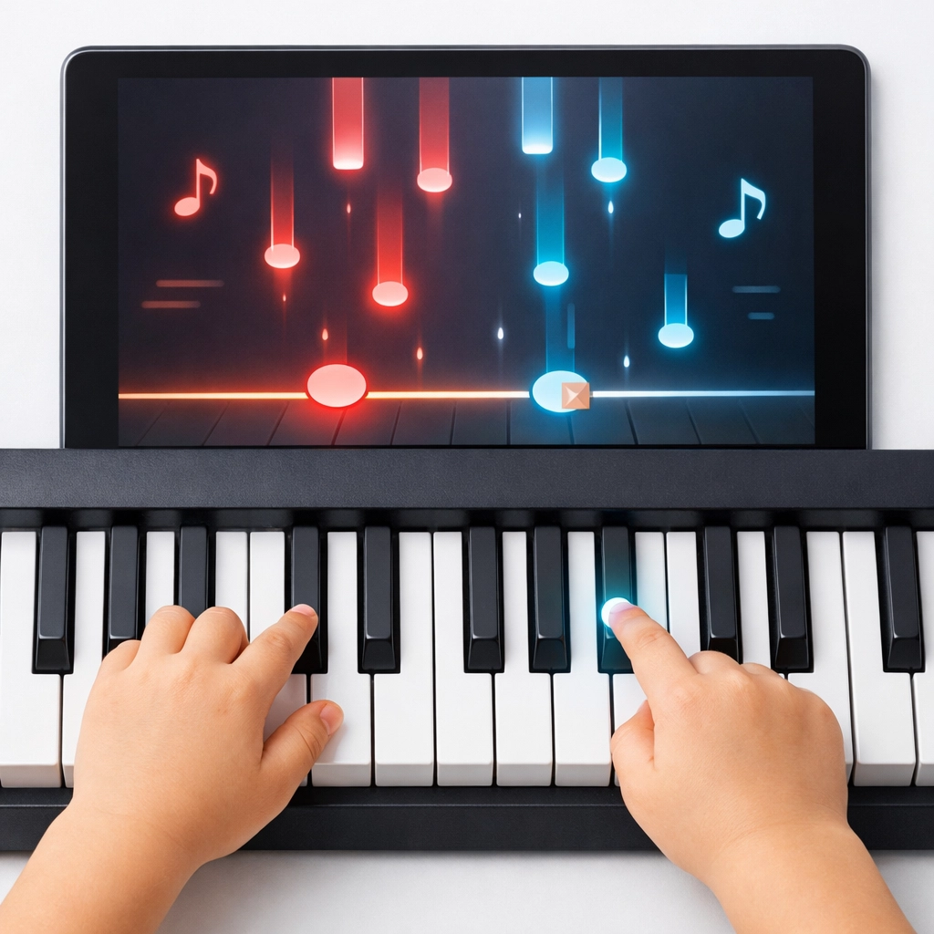 Child's hands playing a piano learning app game on a keyboard during a PianoFlight lesson.