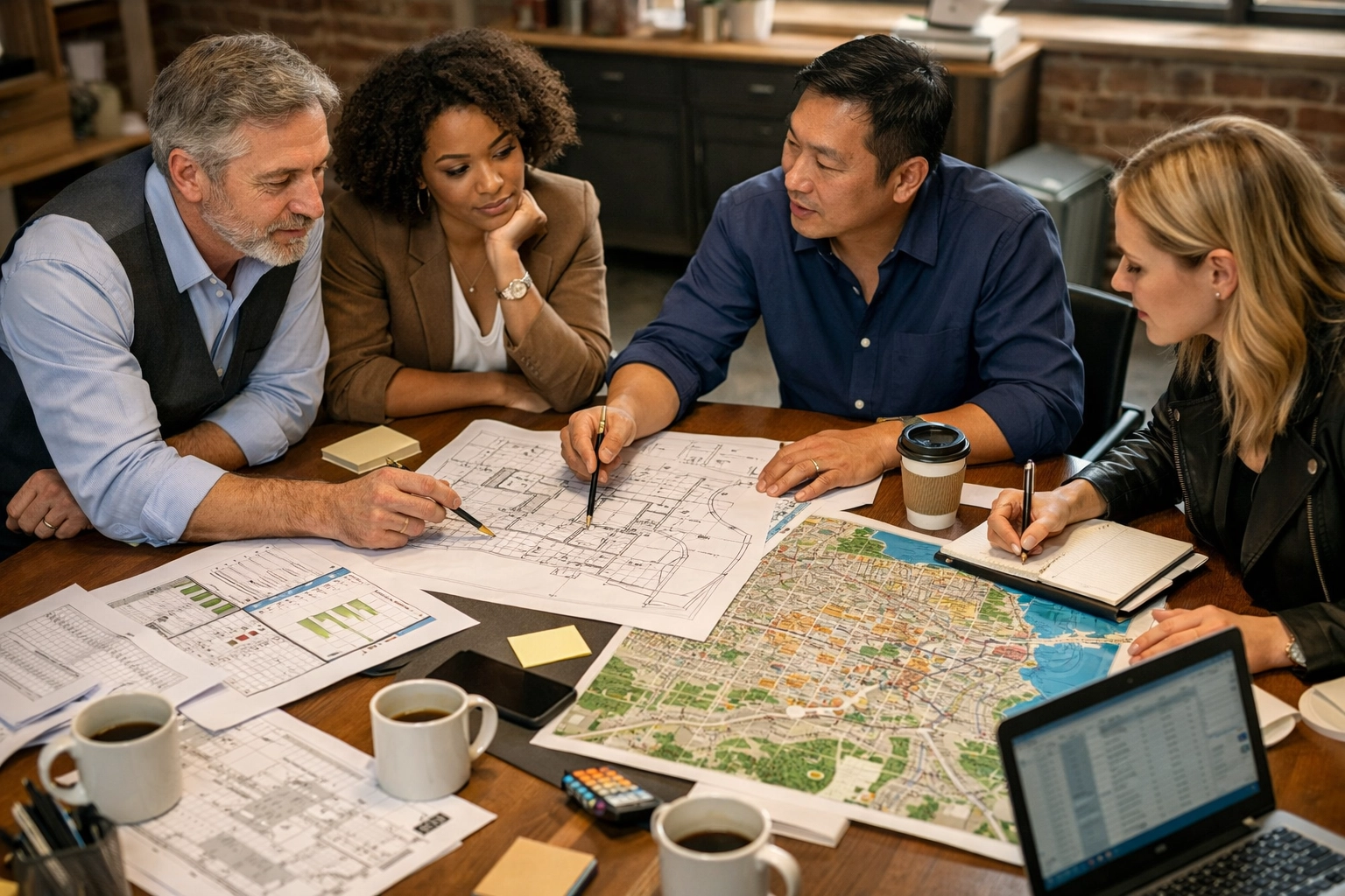 Restaurant consulting team reviewing operational plans and San Francisco neighborhood maps