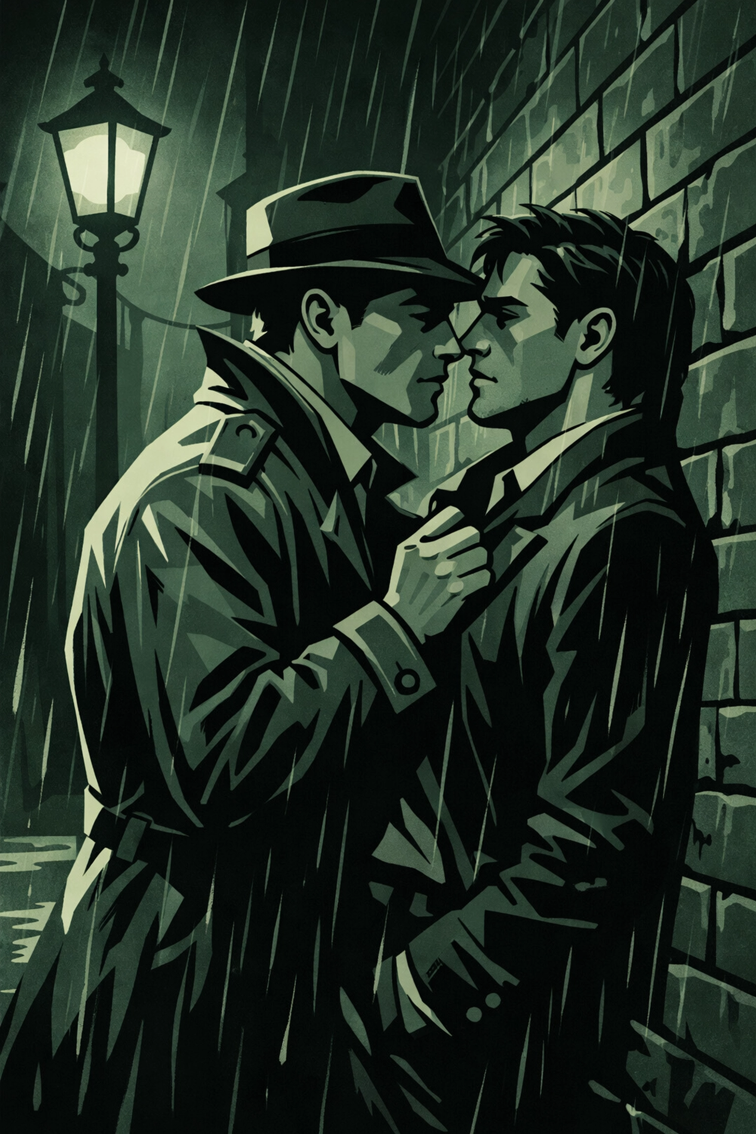 Two men in dangerous confrontation in dark alley - MM romance thriller with noir atmosphere