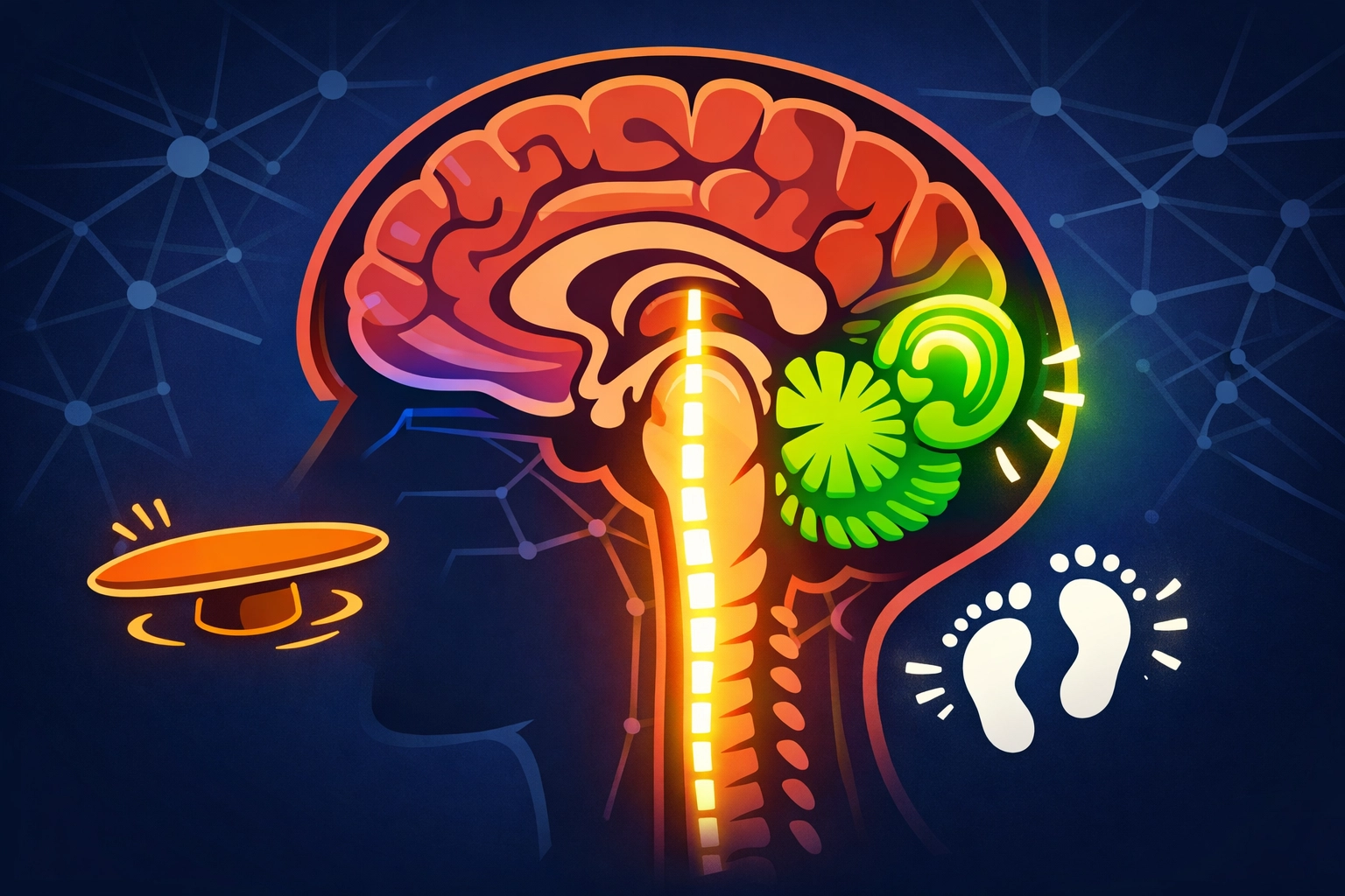 Brain diagram highlighting regions activated during youth balance board training