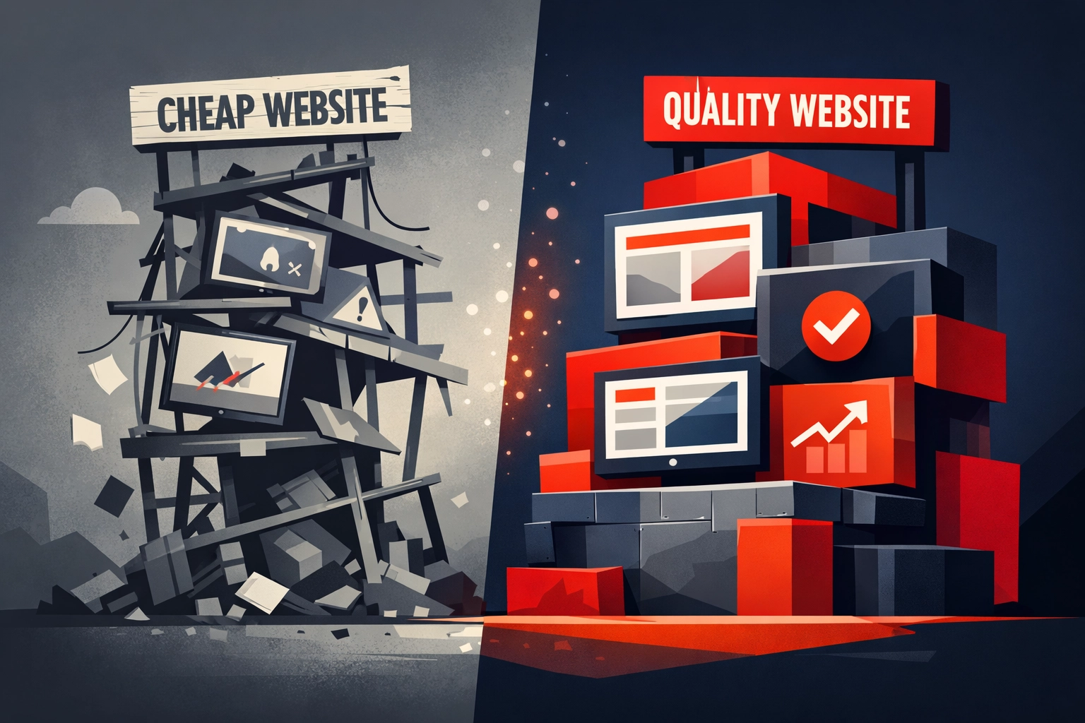 Comparison of cheap website vs quality business website investment showing structural differences