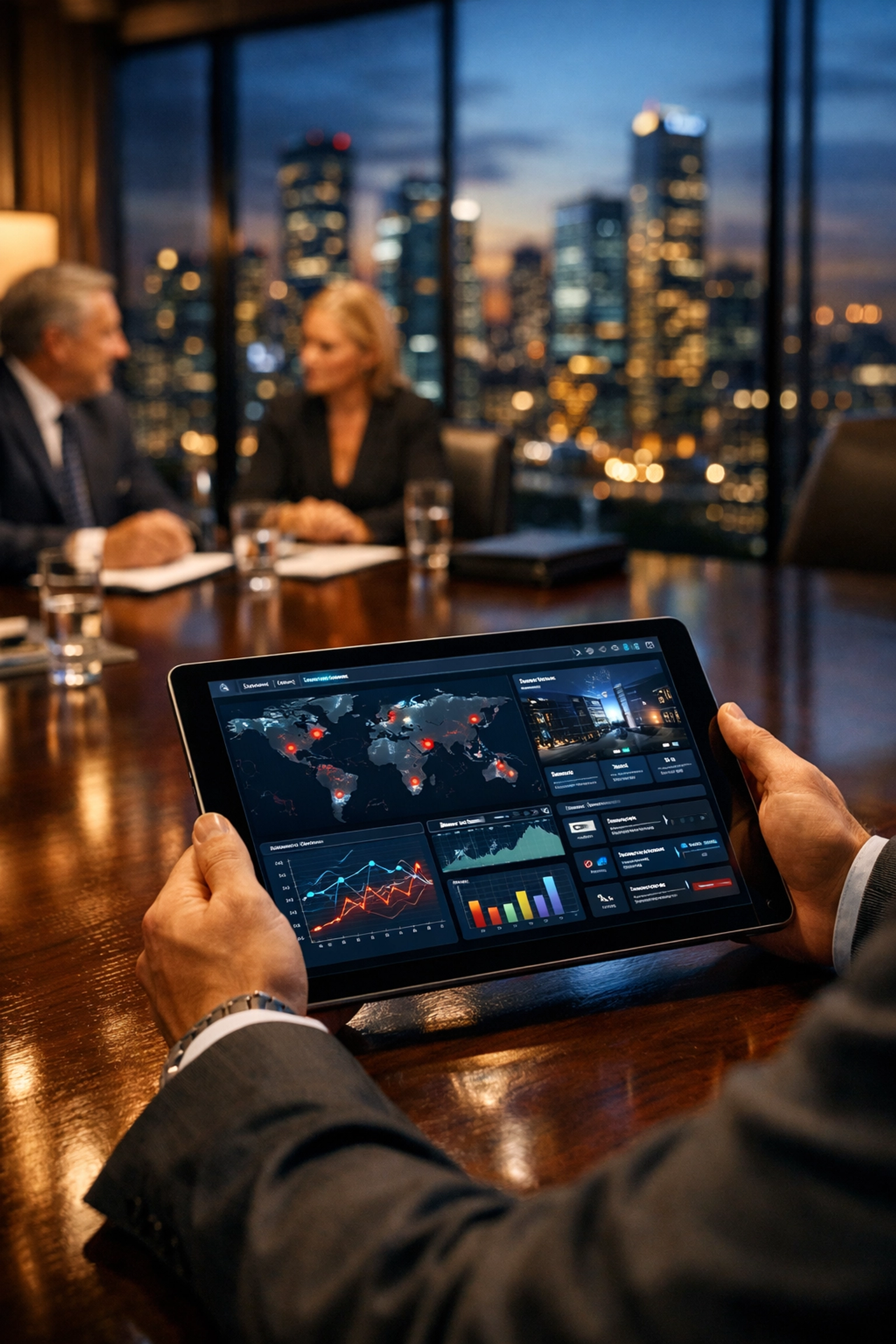 Security professional presenting white-label guard software on a tablet during a client contract negotiation.