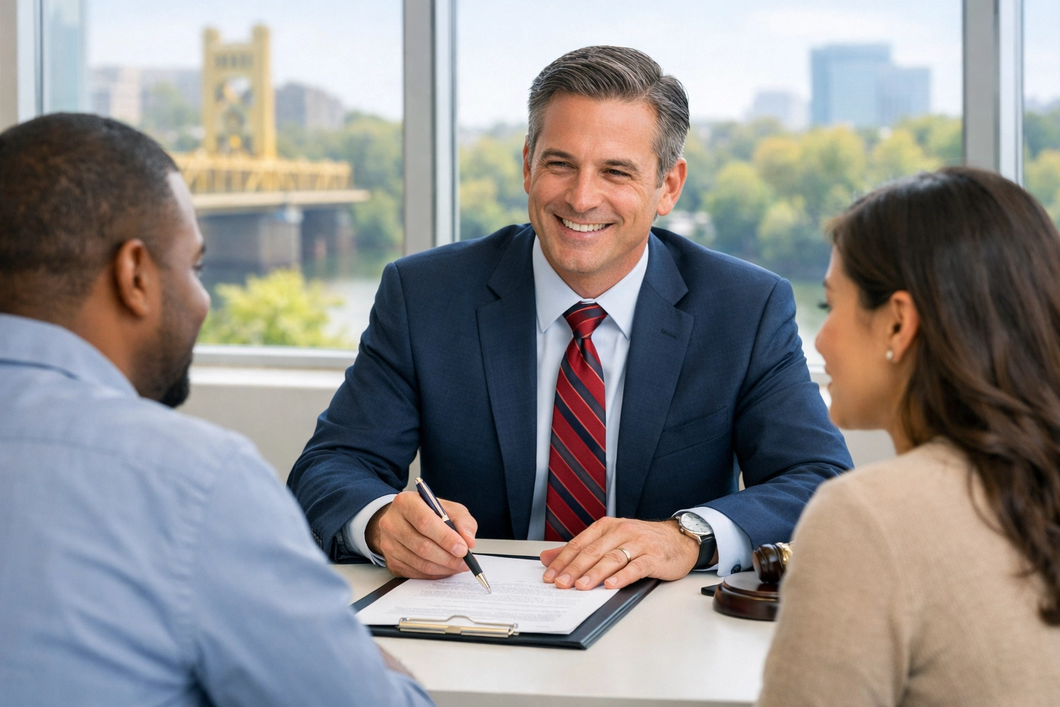 Sacramento immigration attorney helping clients with H-1B visa petitions in a professional office.