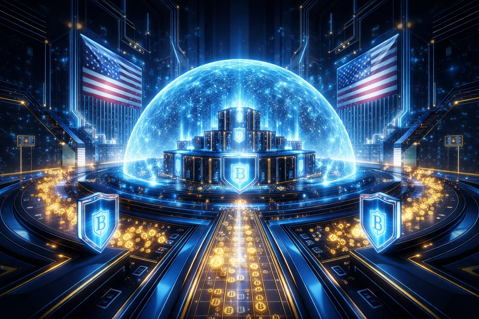 Digital fortress symbolizing Larecoin’s US crypto compliance with secure blockchain payments and regulatory trust.