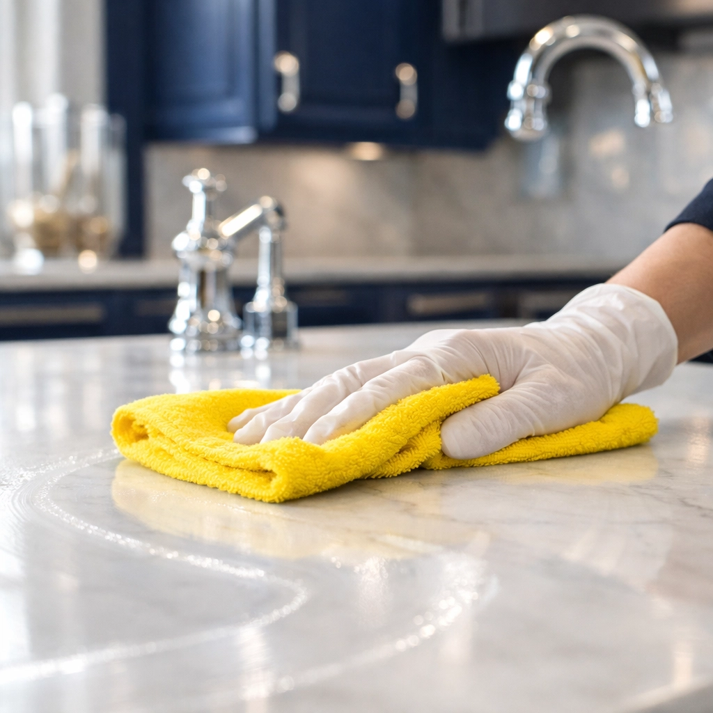 Professional hand wiping a marble countertop using the S-pattern technique for maid services Lowell.