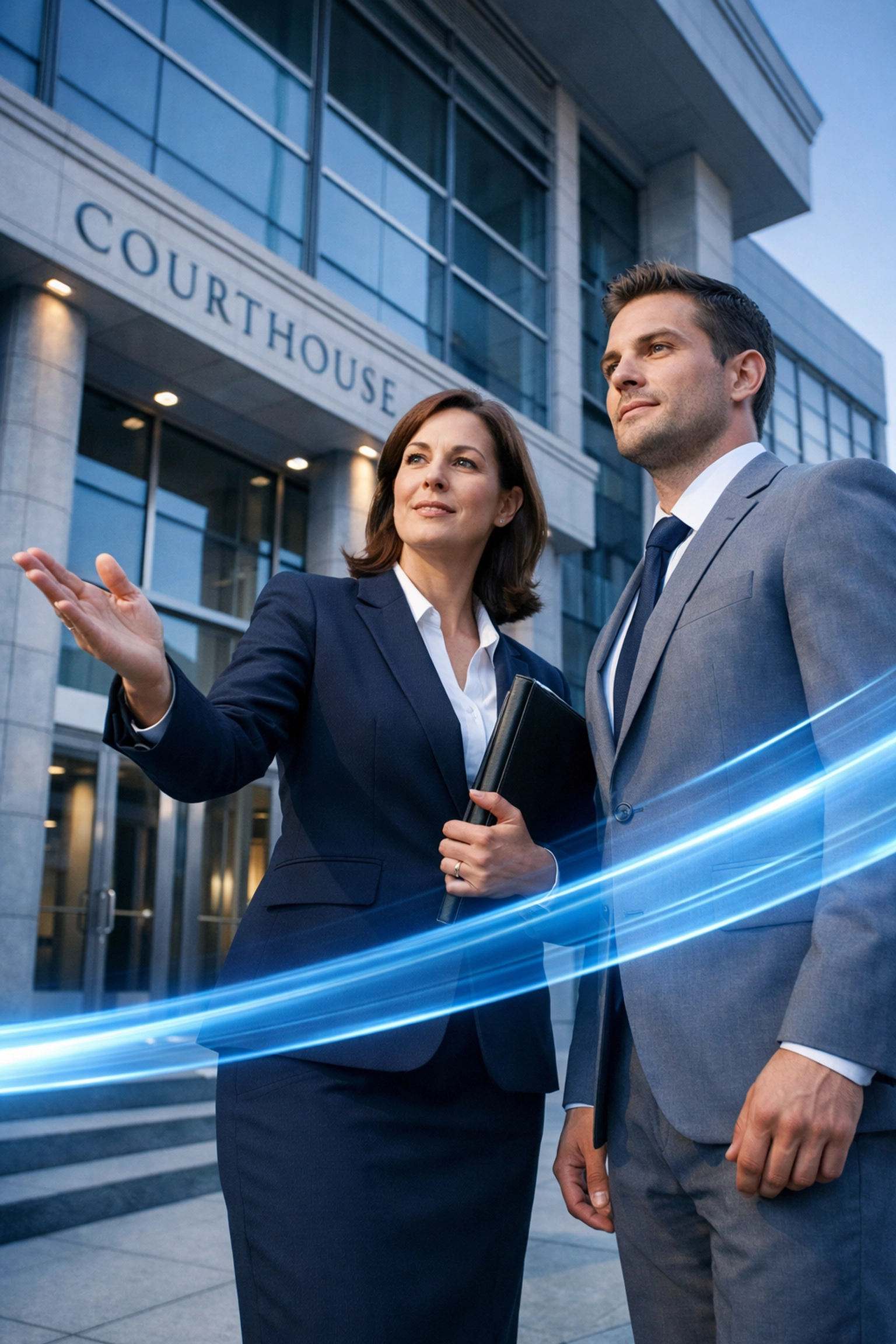 Attorney and client standing outside a courthouse preparing for a child visitation hearing.