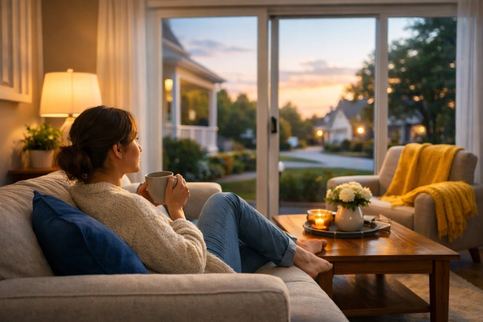 Relaxed homeowner in a clean, dust-free room from a professional house cleaning service in Burlington.