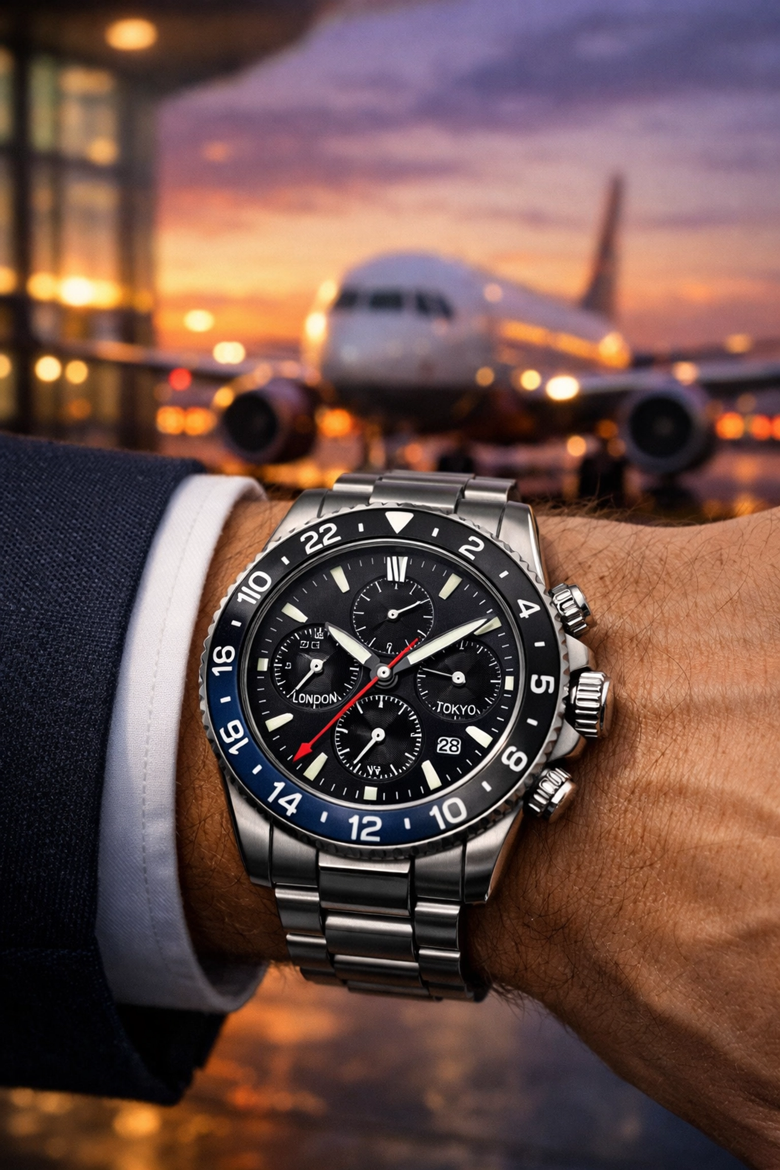 A traveler's watch showing multiple time zones at an airport, highlighting precise time management.