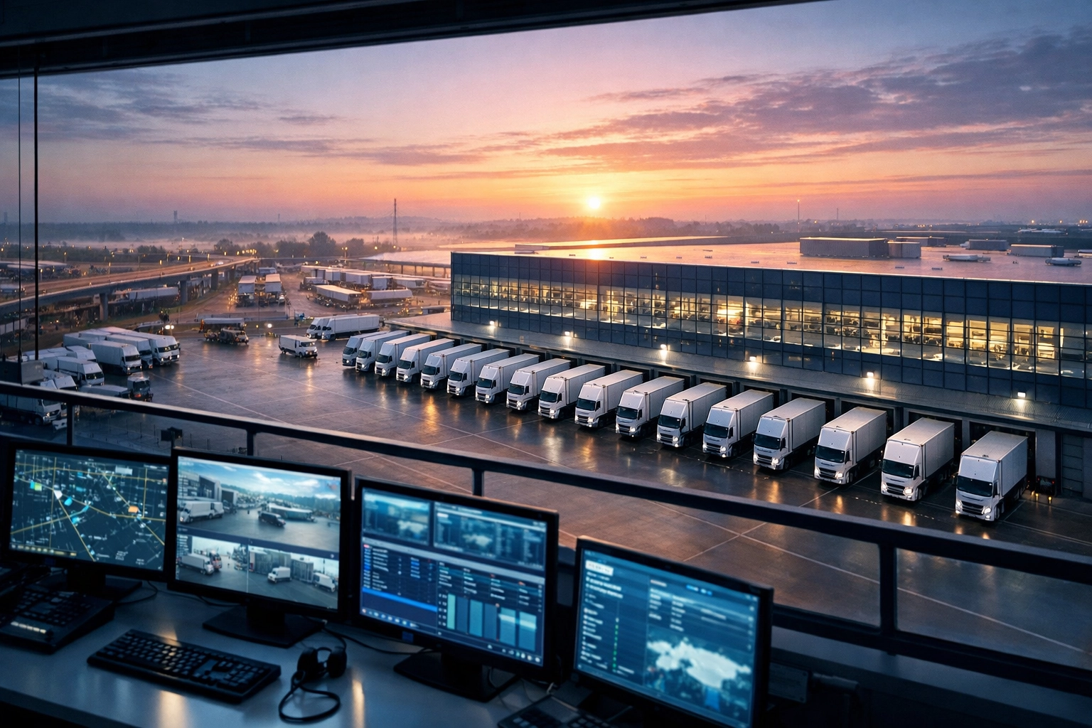 Modern logistics distribution center at sunrise illustrating integrated 4PL framework orchestration.