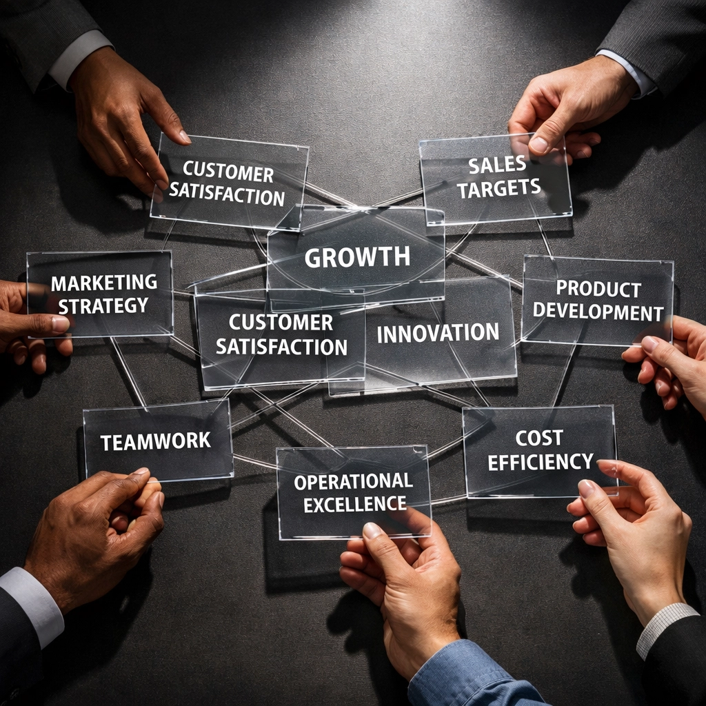 Team hands collaborating on transparent OKR objectives showing business alignment