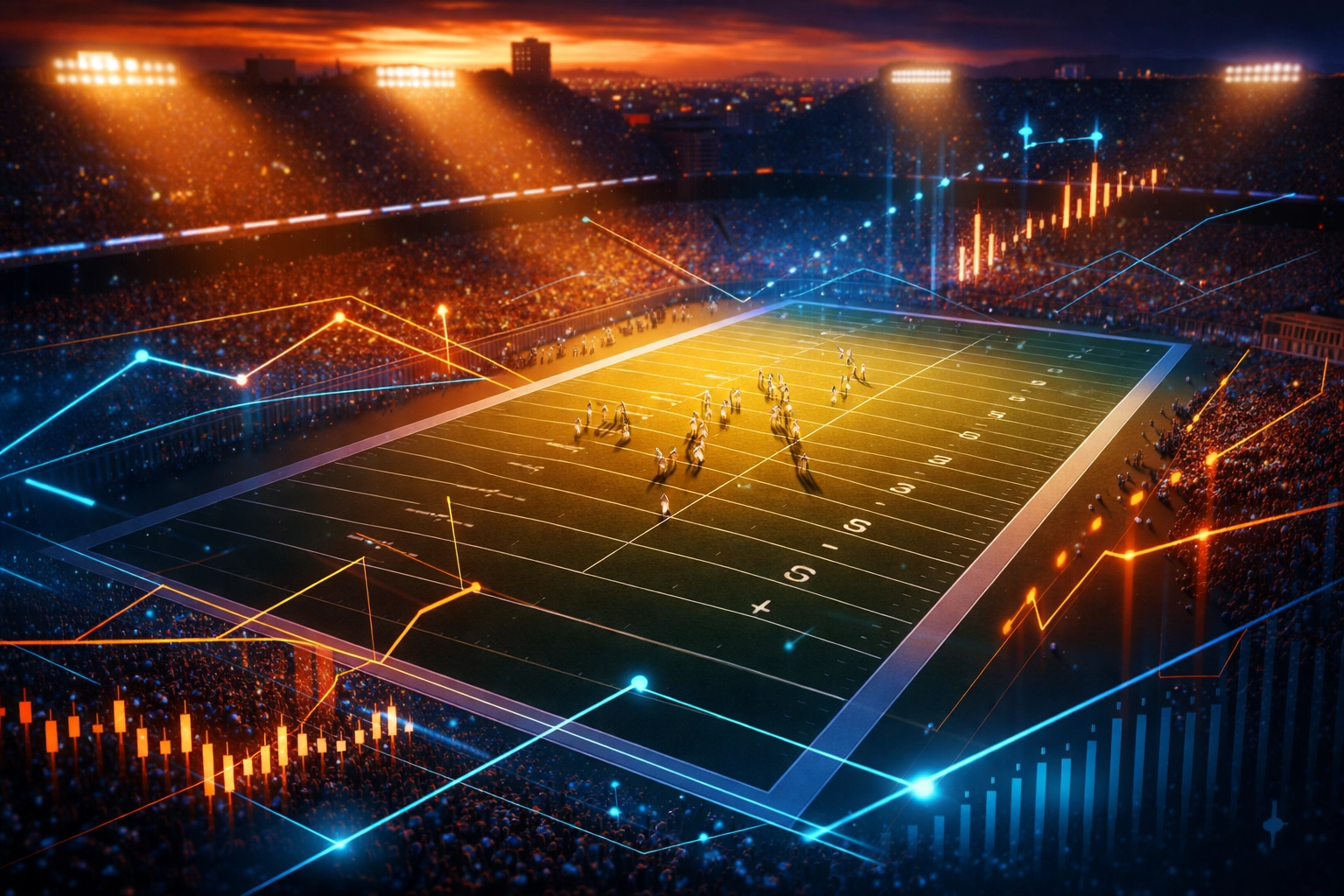 Football field at sunset with blue and orange overlays, visualizing NIL investment and quarterback market strategy