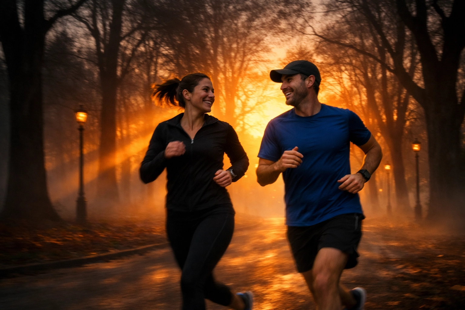 Alt Text: Wide, high-contrast shot of two runners jogging an easy pace through a misty park at golden hour; subtle motion blur with orange highlights and deep shadows—capturing a longevity running routine built on low-stress aerobic miles.