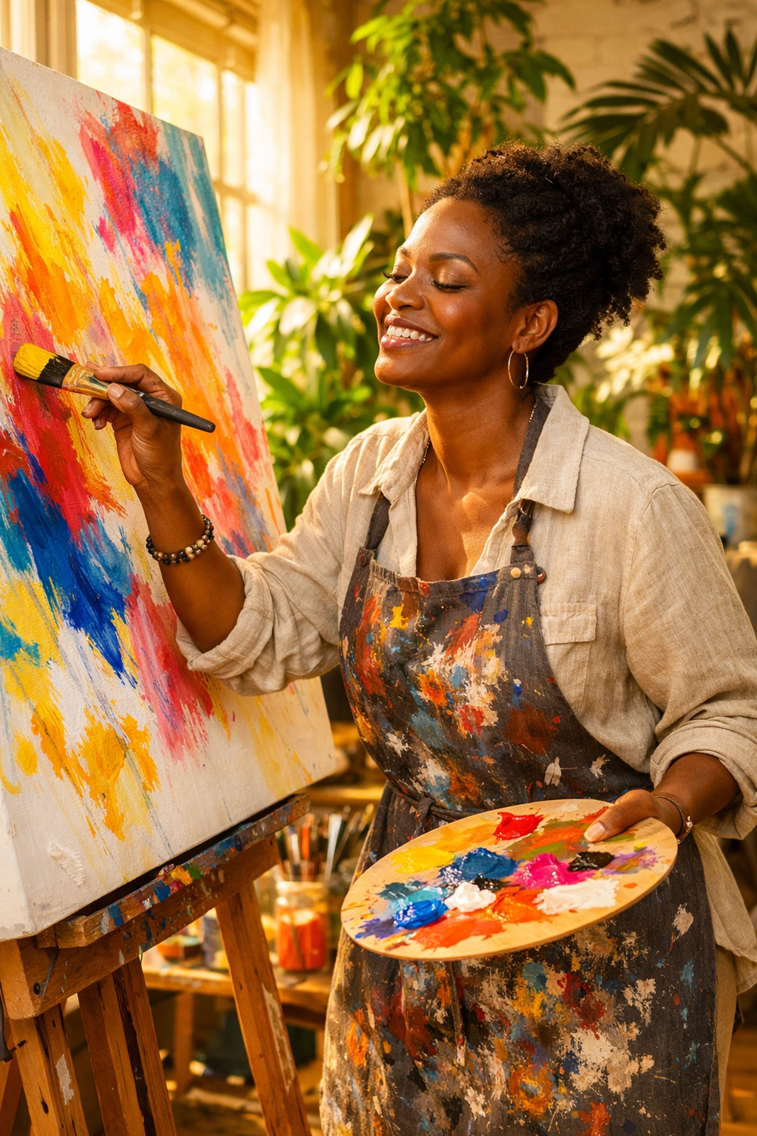 A Black woman practicing creative recreation and self-care therapy techniques in a sun-drenched studio.