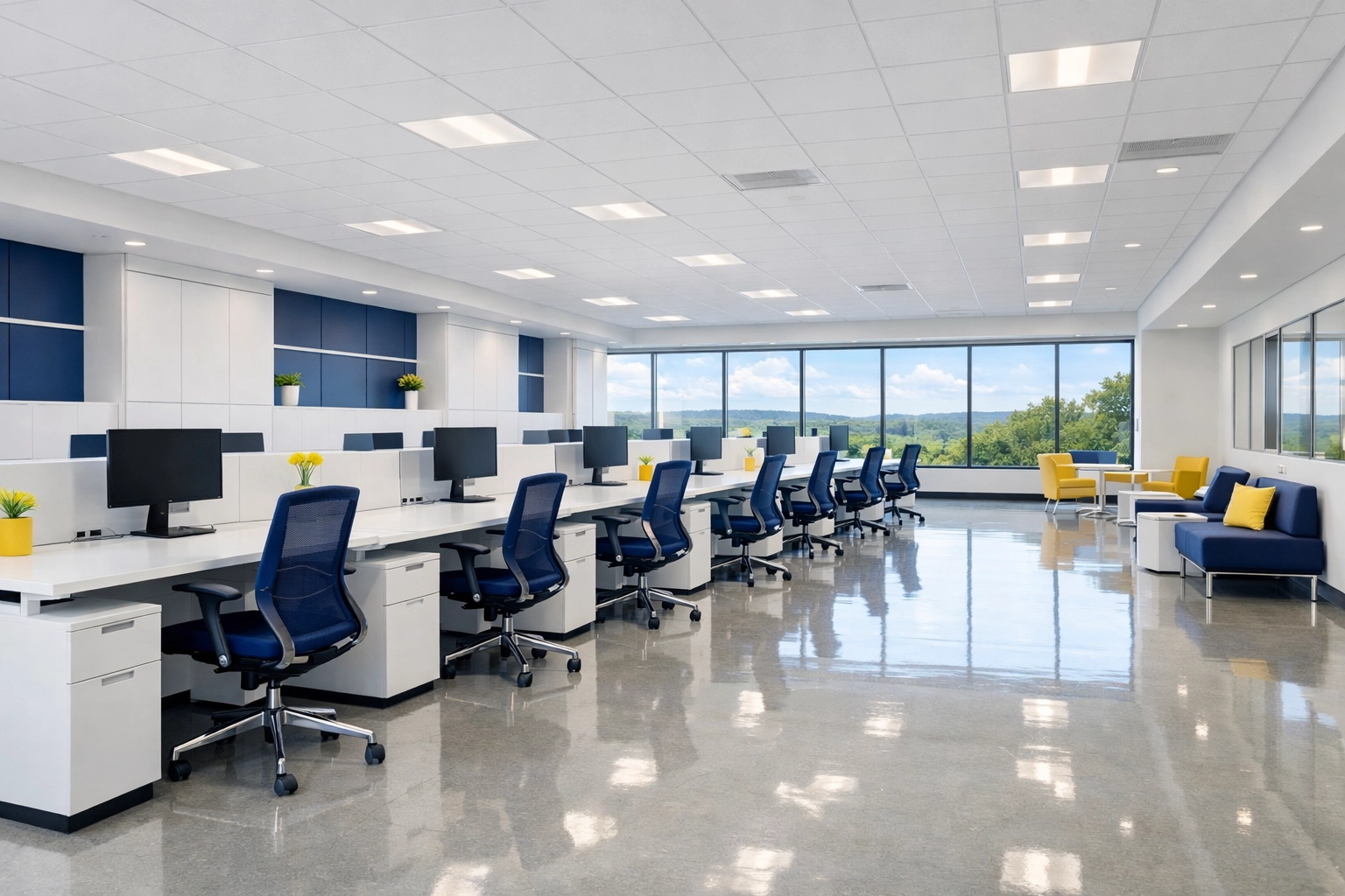 Bright and organized workspace in Franklin Massachusetts following a deep office cleaning service.