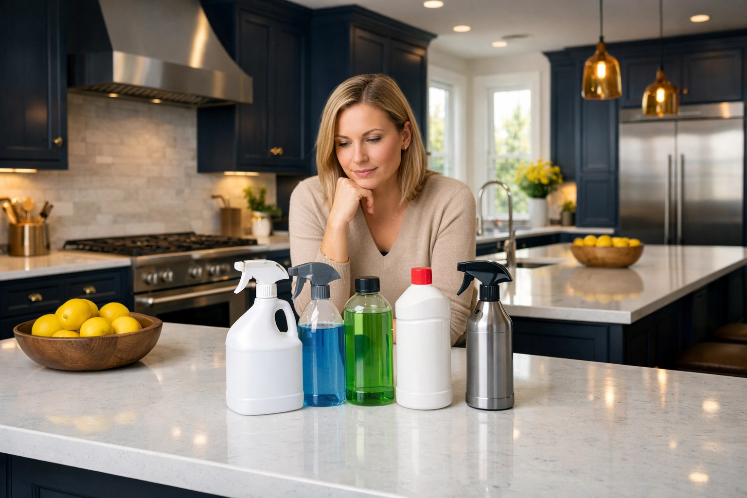 Professional cleaning products on a kitchen island for deep cleaning Worcester services.