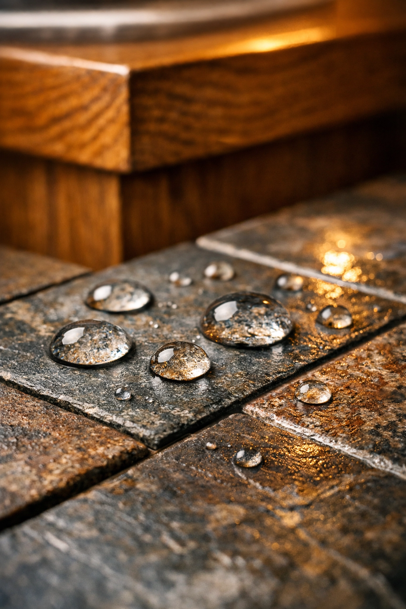 Water-resistant porcelain tiles and a sealed oak vanity used in a professional bathroom renovation.