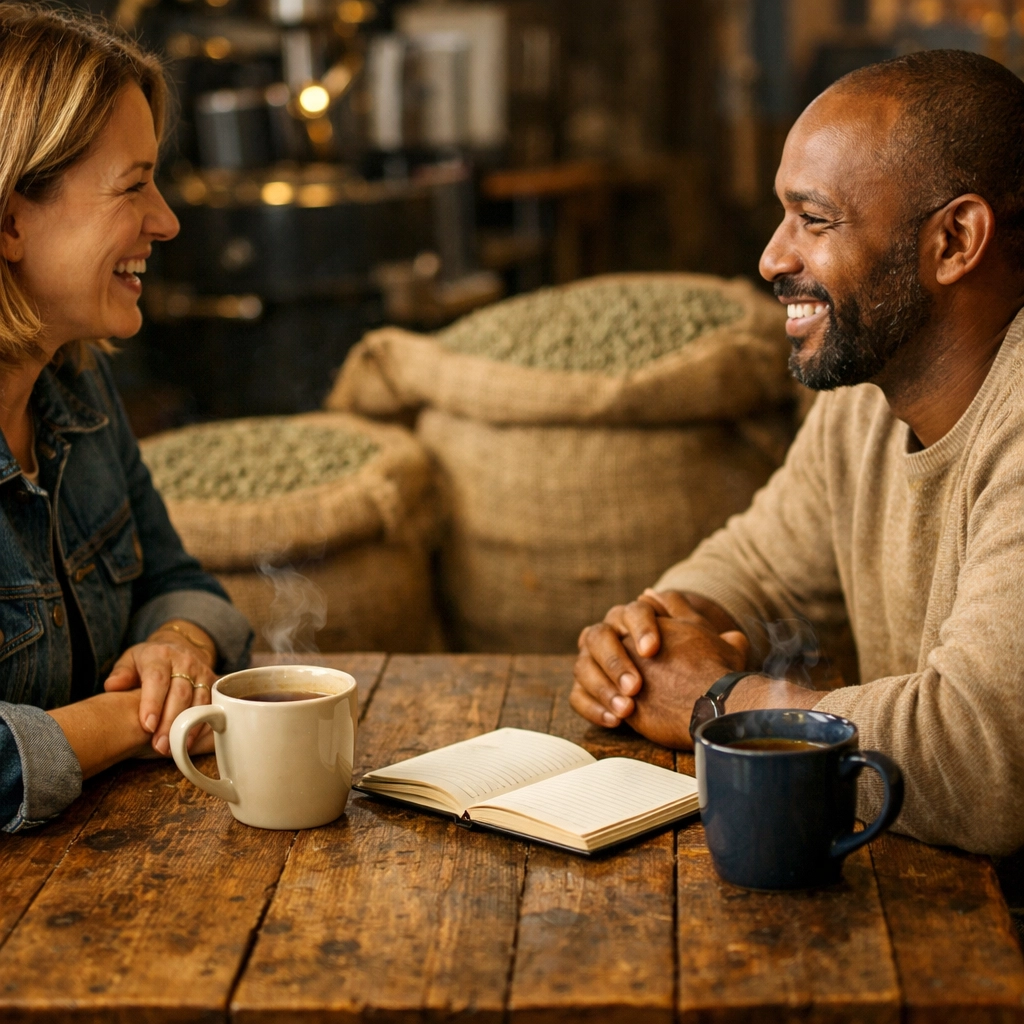 Cafe owners discussing a business partnership with their wholesale specialty coffee roaster.