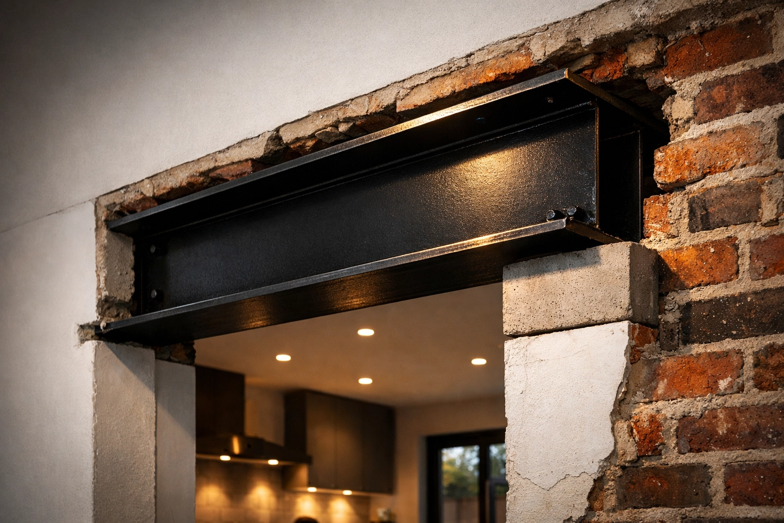 Structural steel RSJ beam installation for a load-bearing wall removal in a residential home.