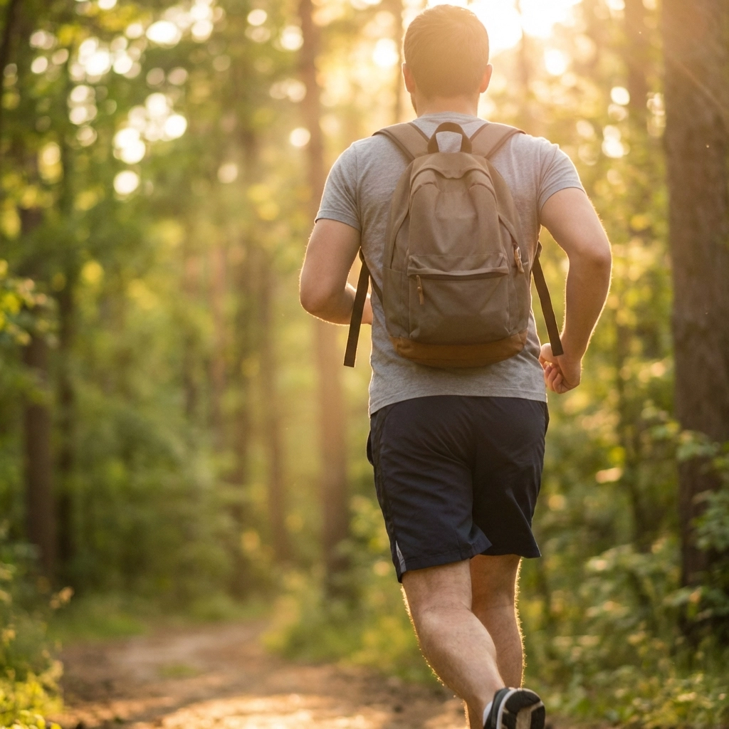 Person walking confidently on a sunlit forest trail, representing recovery from sciatica pain