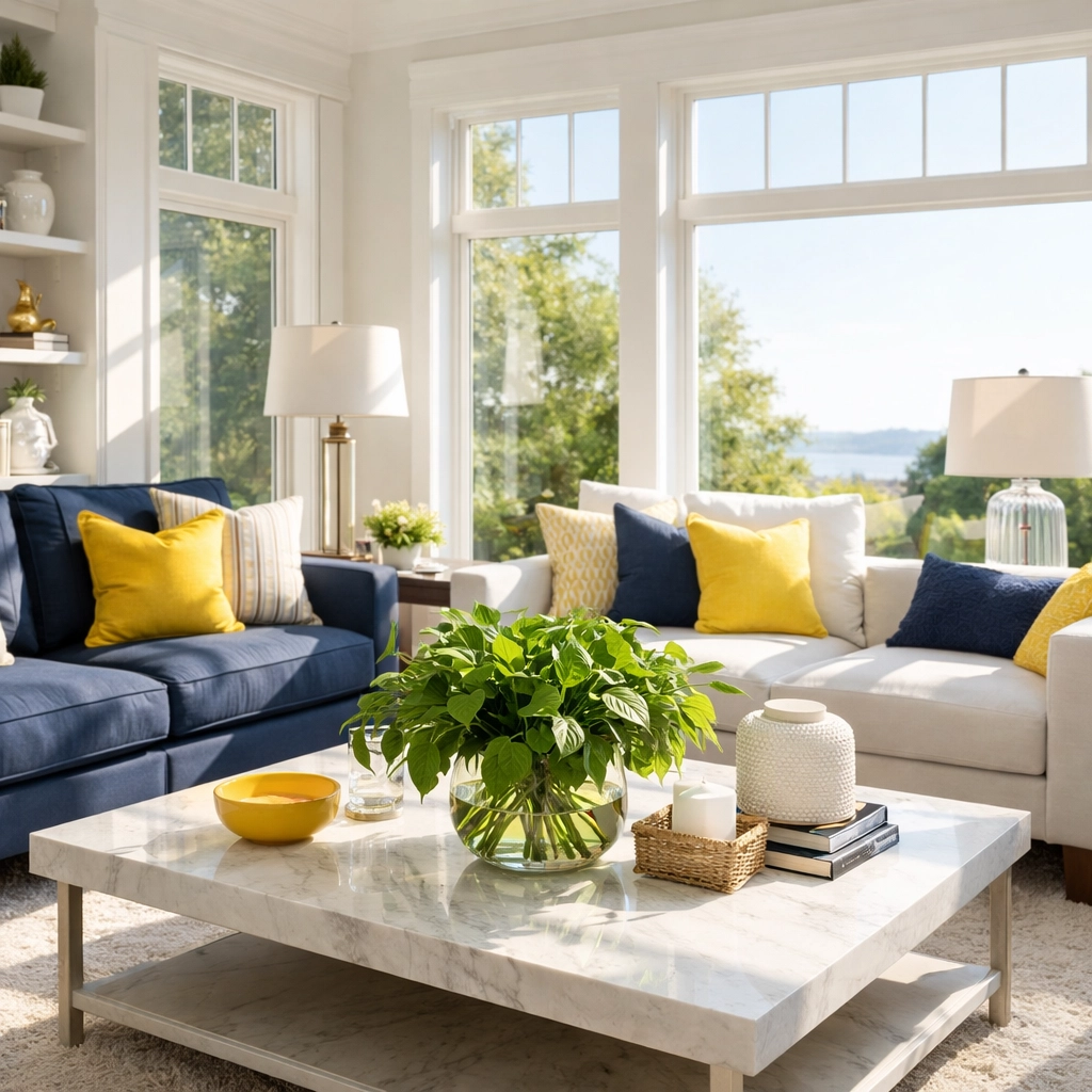 Sunlit living room in a Massachusetts home showcasing clean air and healthy green plants.
