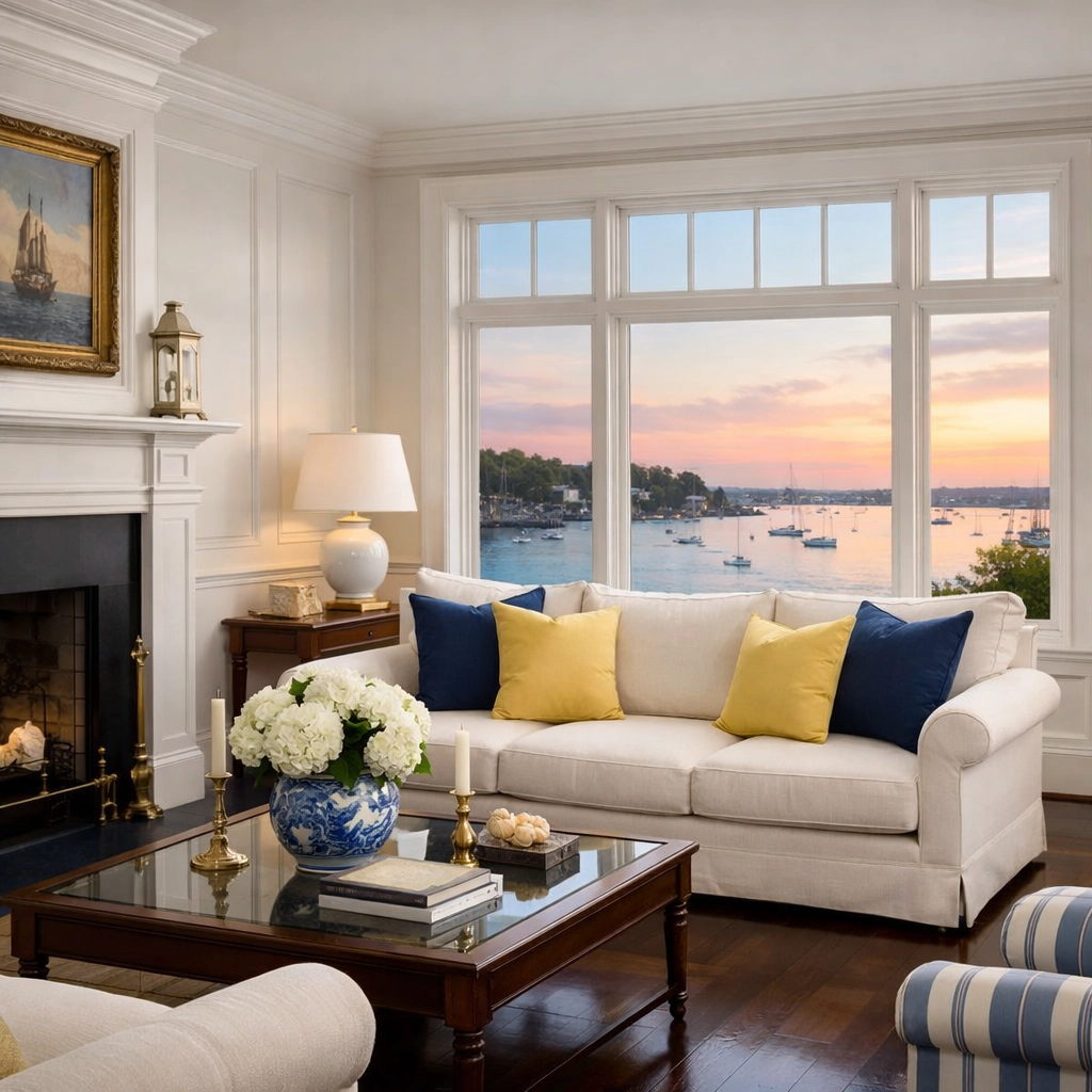 Spotless historic living room in Marblehead with dark wood floors showing expert residential cleaning results.