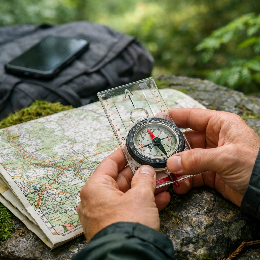 Hiker using a compass and Ordnance Survey map for navigation on a wild camping trip in a UK forest.