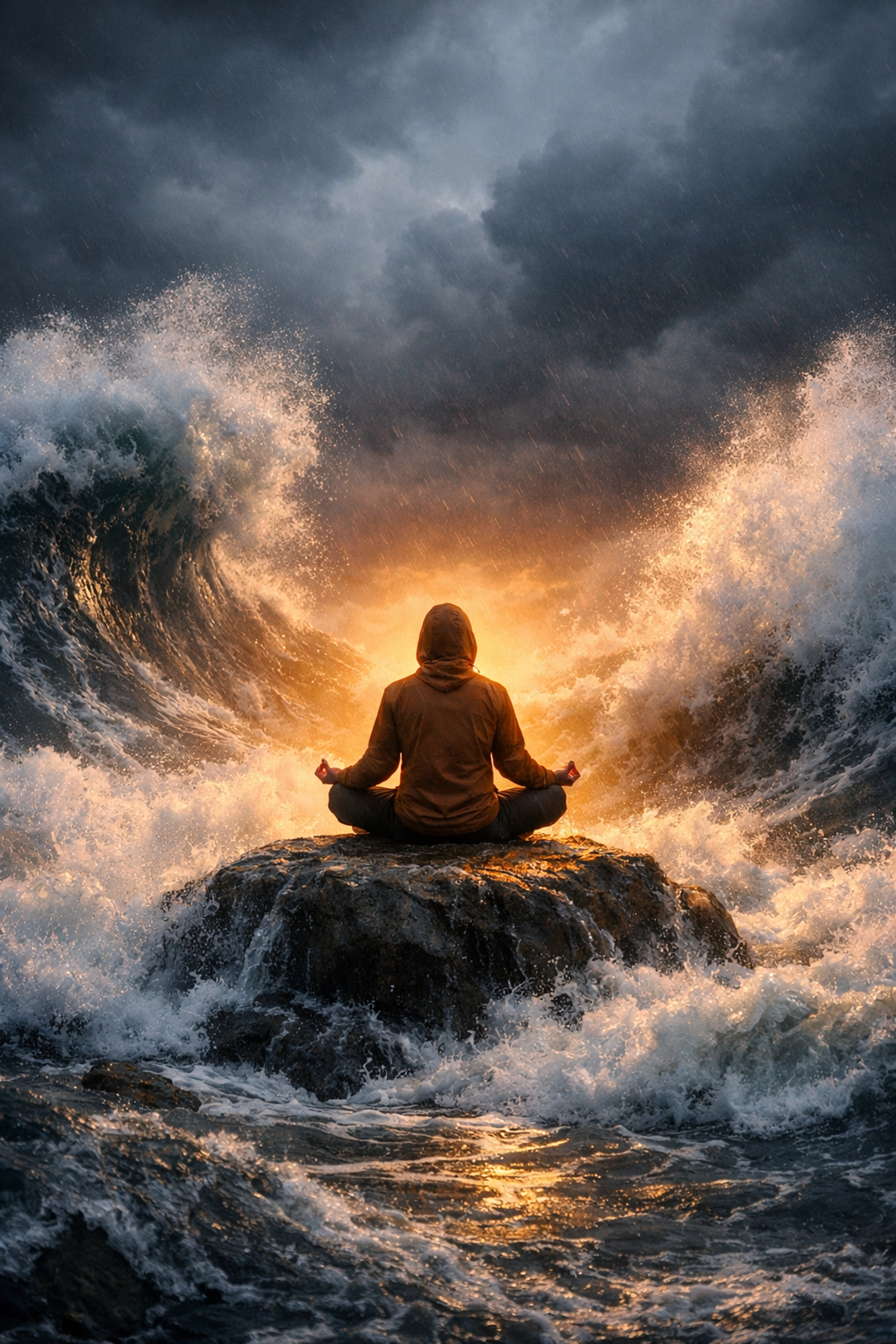 A calm person in a storm representing emotional discipline during market volatility.