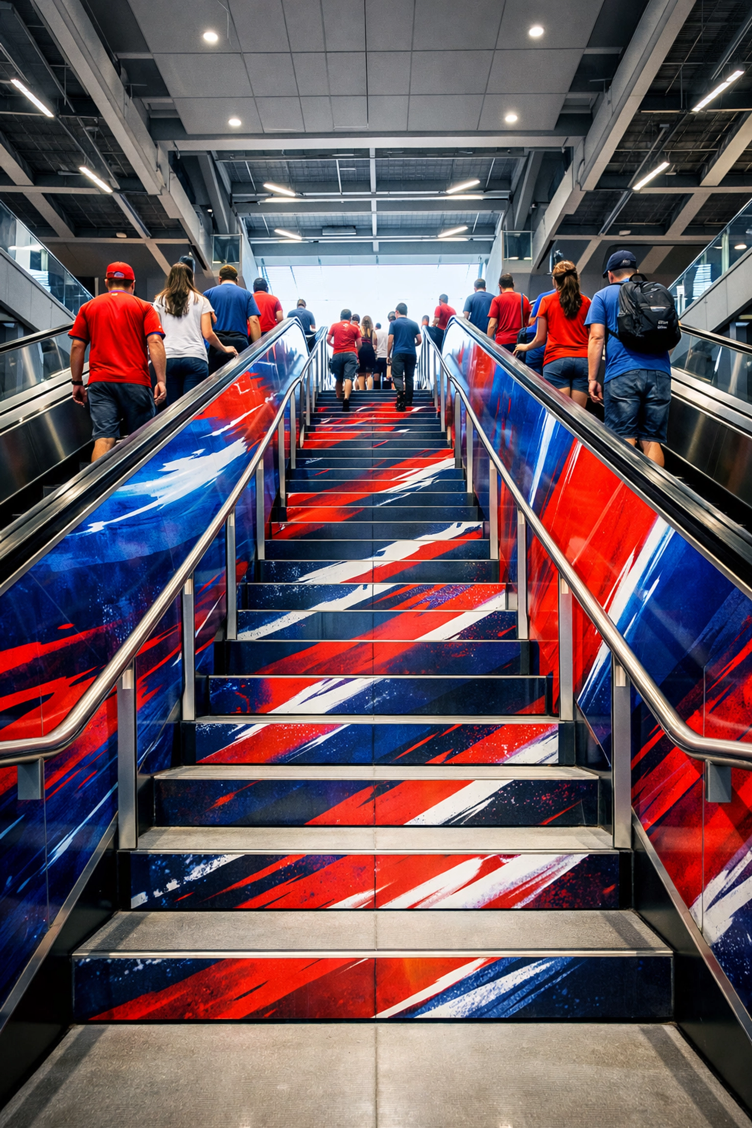Branded staircase and escalator wraps providing vertical integration at a sports venue.