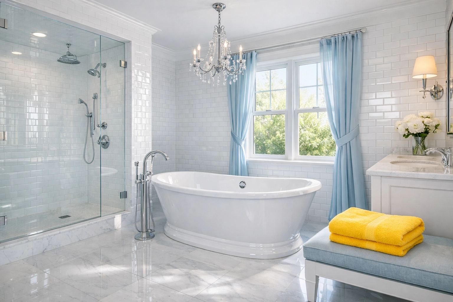 Results of a professional deep cleaning MA strike in a luxury bathroom with shining fixtures and tiles.