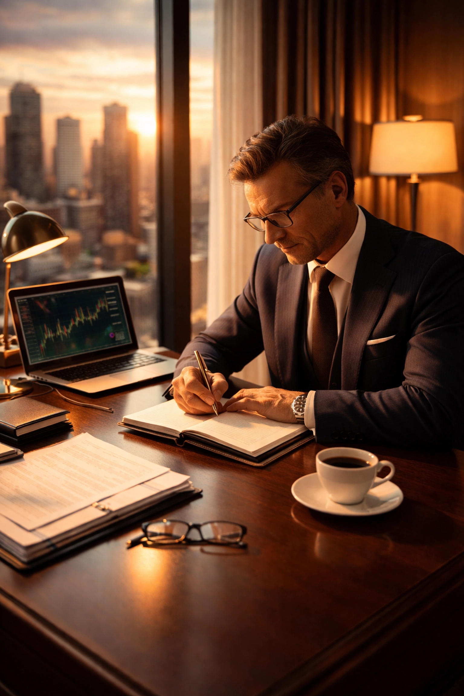 Accredited investor planning private equity investment goals at a home office desk with financial charts