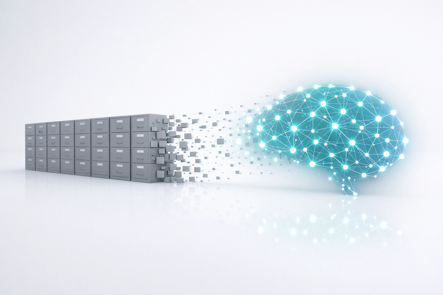 Transition from traditional search filing cabinets to intelligent AI data points and neural networks.