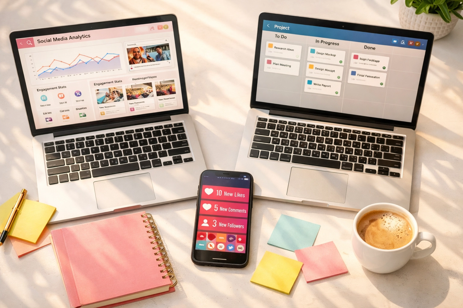 Social media management tools and project management dashboard on dual workspace setup