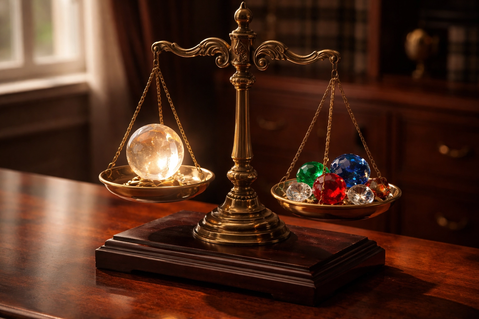 Antique balance scale weighing traditional investments against diversified alternatives, conveying strategic portfolio balance