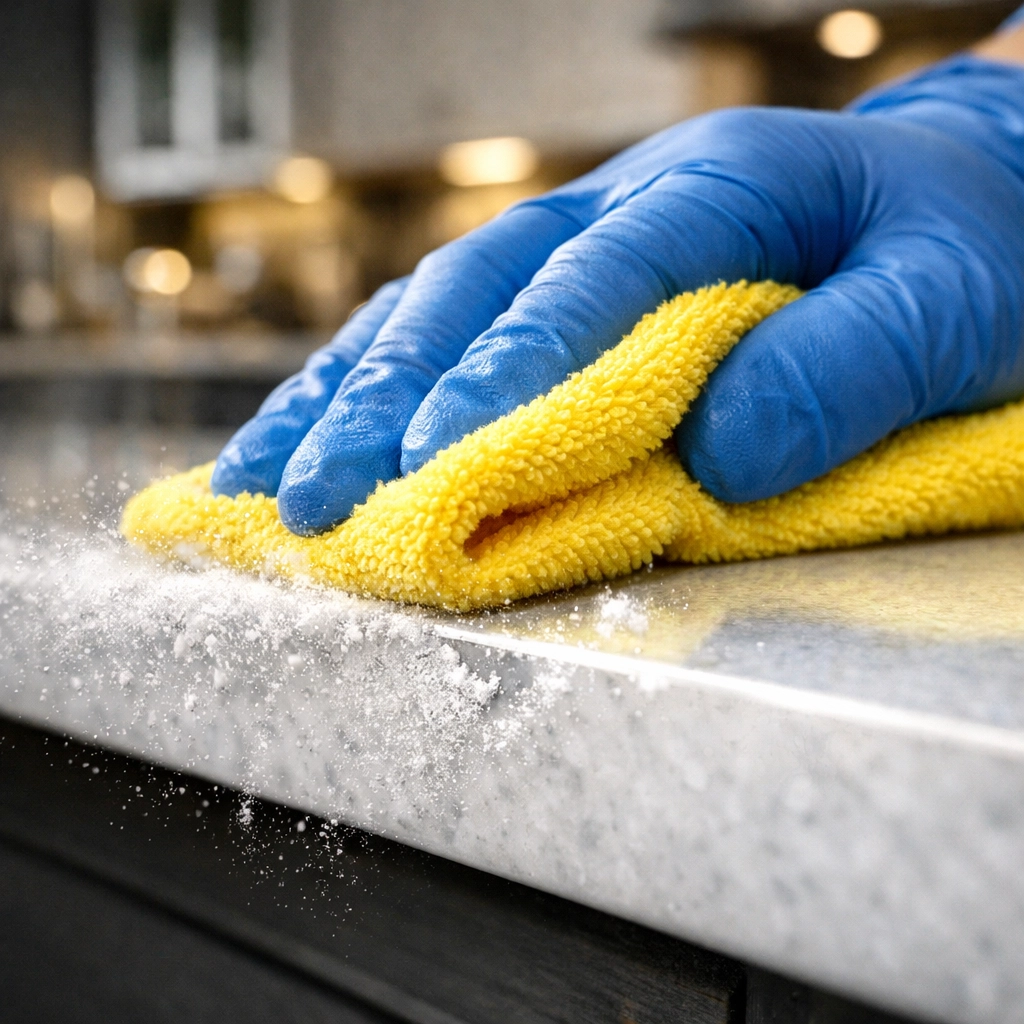 Detailed house cleaning removing construction dust from a luxury kitchen counter in Marlborough.