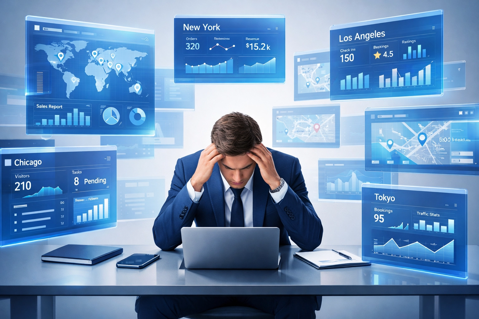 Business owner overwhelmed managing multiple location dashboards without automation software