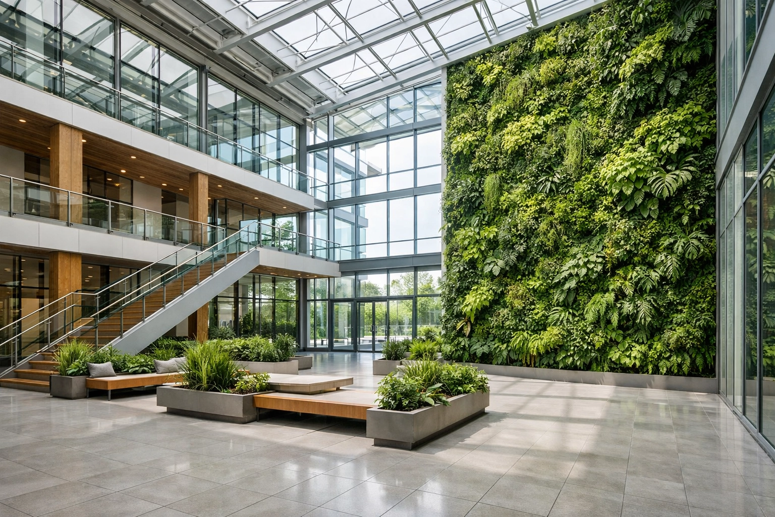 Eco friendly post construction cleaning Worcester for a LEED certified commercial atrium with a lush green living wall.