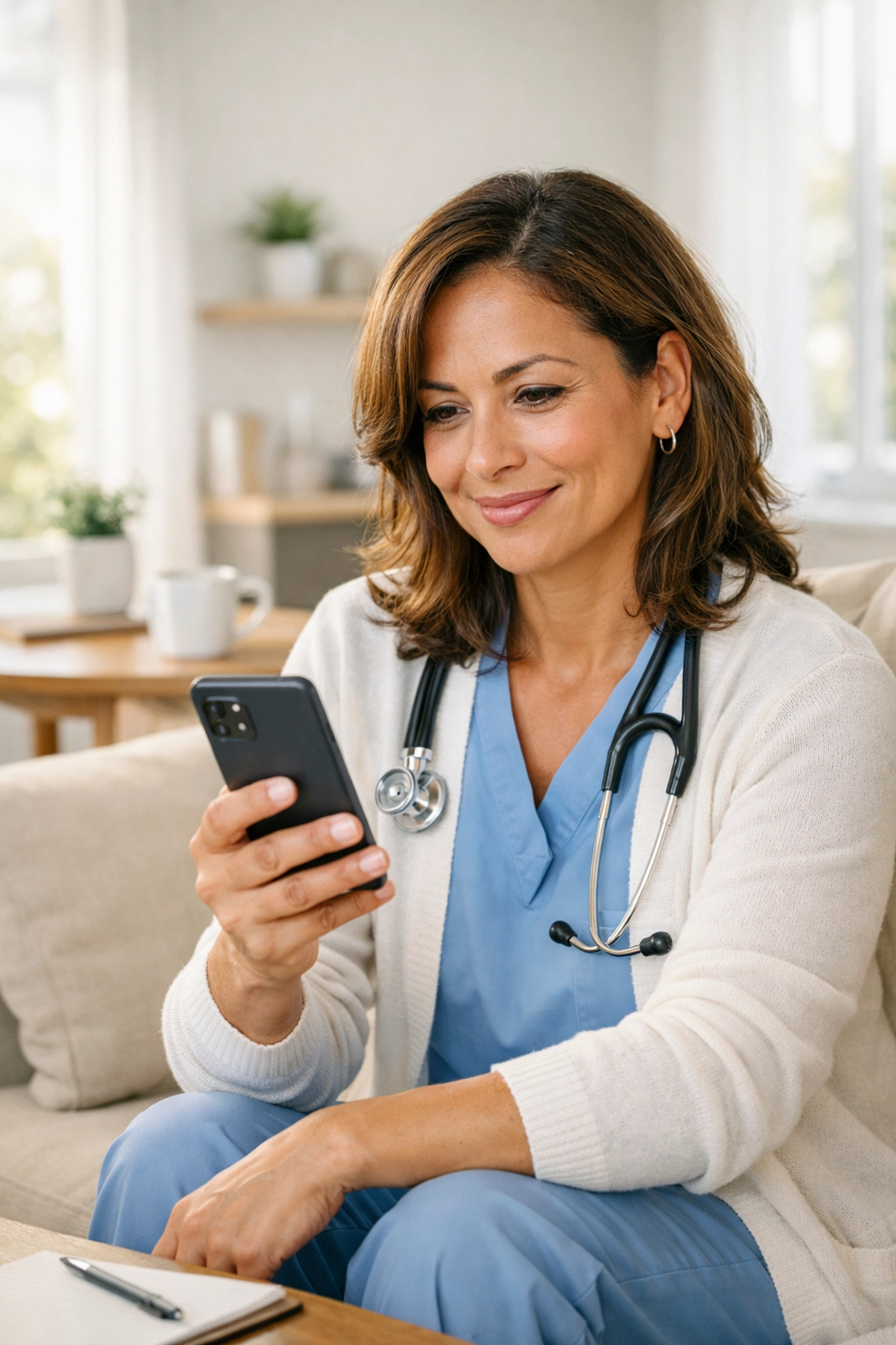 A woman conveniently accessing a telemedicine weight loss assessment on her phone from a modern living room.