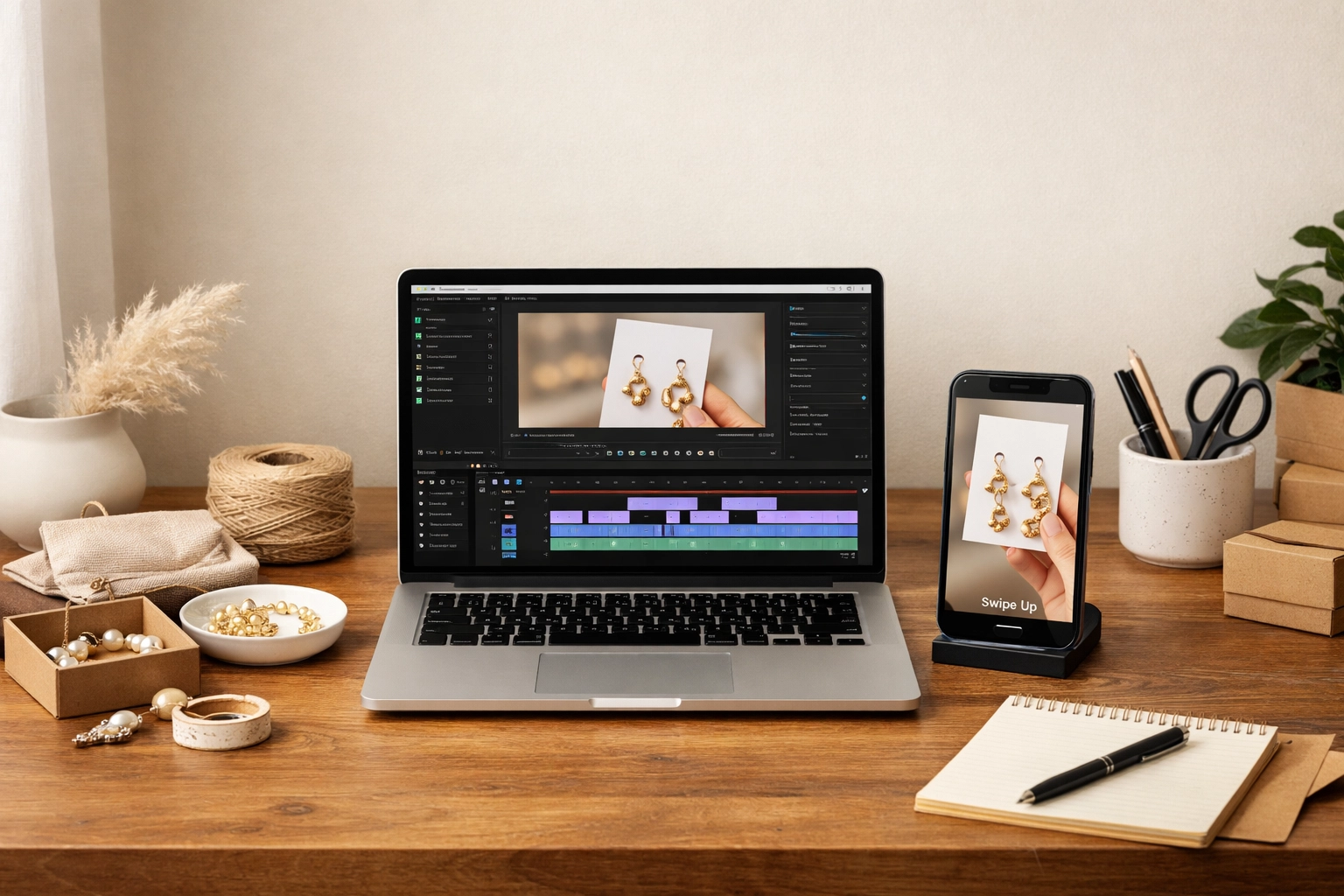E-commerce workspace with product samples and video content creation tools