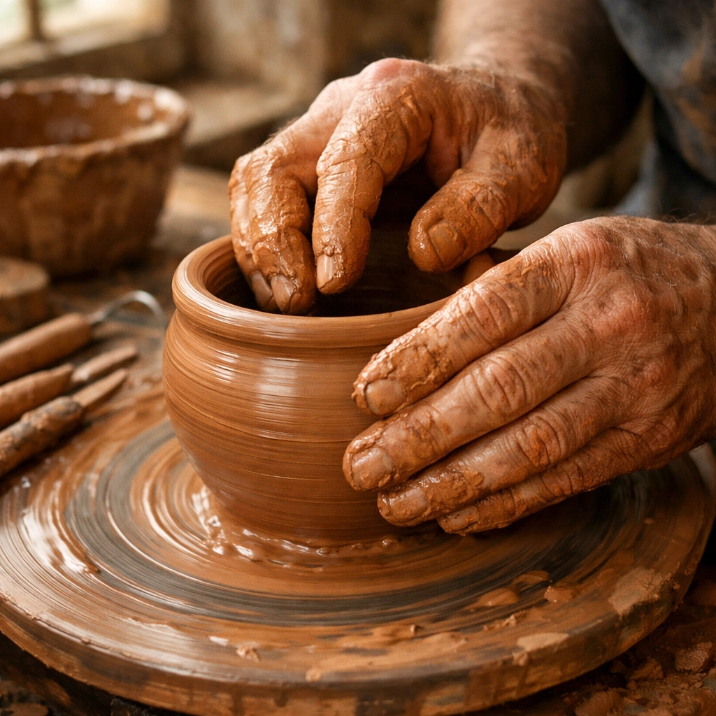 Artisan hands shaping clay on pottery wheel showing handmade craftsmanship and unique creation process