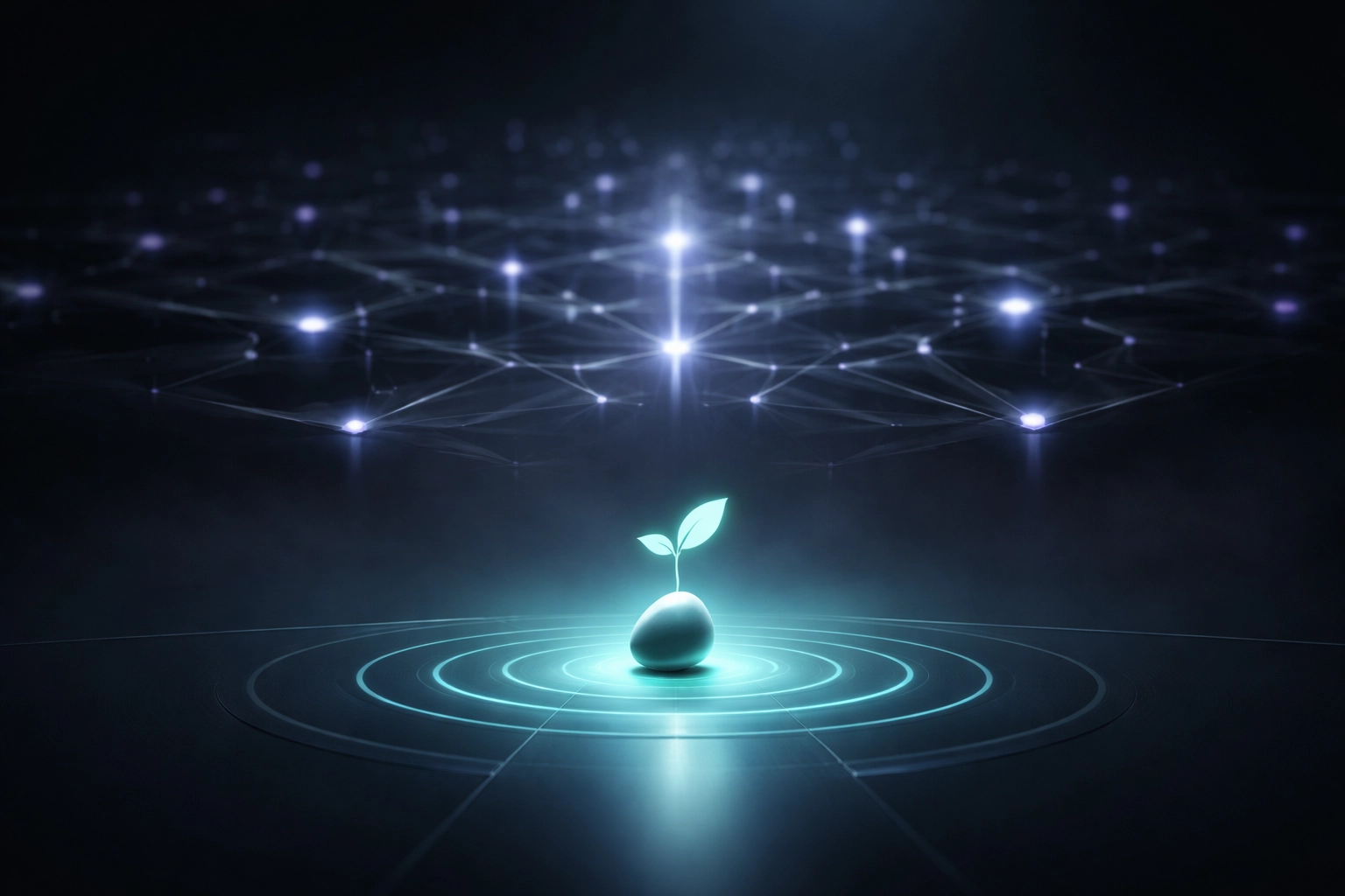 A glowing seed representing a pilot AI automation project, expanding into a connected network for business growth