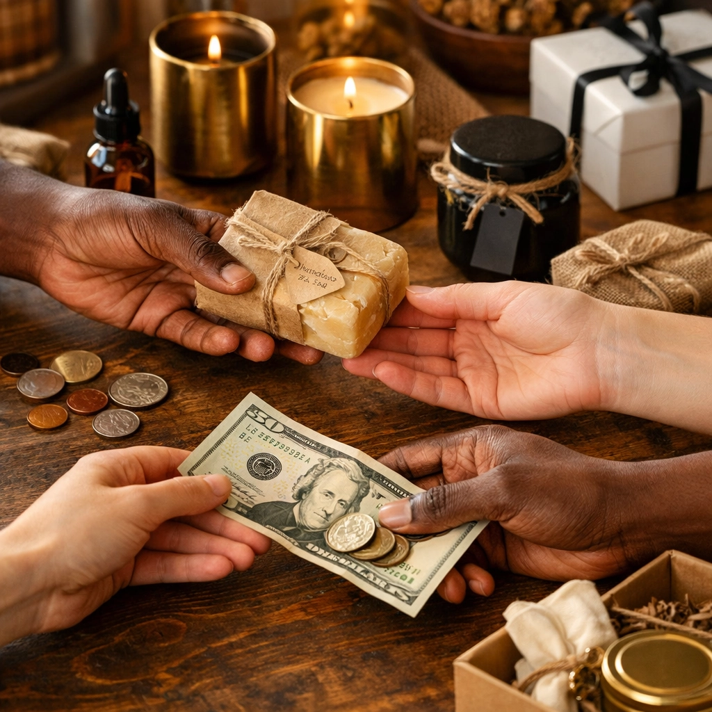 Hands exchanging money with Black-owned products symbolizing economic empowerment